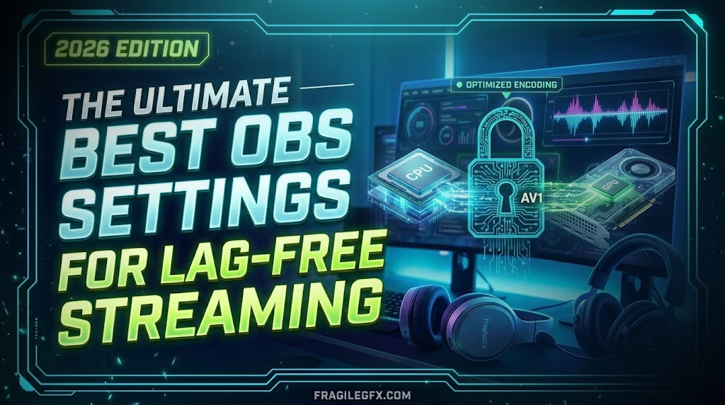"Technical guide cover for Best OBS Settings 2026, featuring a futuristic 3D visualization of CPU and GPU optimization with electric cyan and lime green neon accents. High-contrast typography emphasizes Lag-Free streaming with FragileGFX branding."