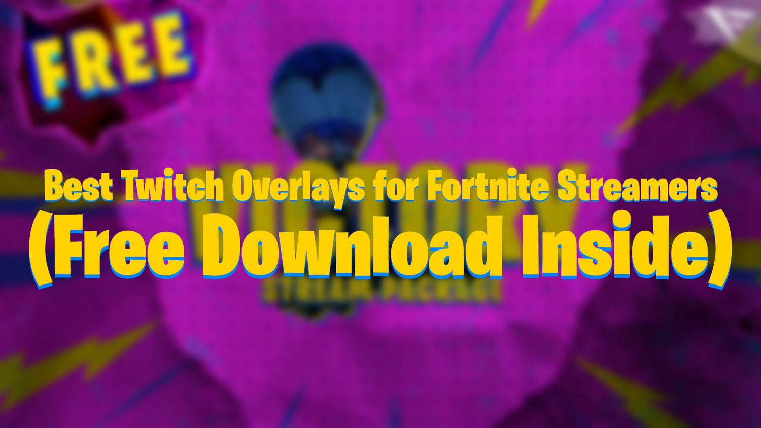 Fortnite-themed Twitch overlay setup named Victory Pack, featuring animated screens, webcam frame, and vibrant visuals with a dual-monitor streamer desk.