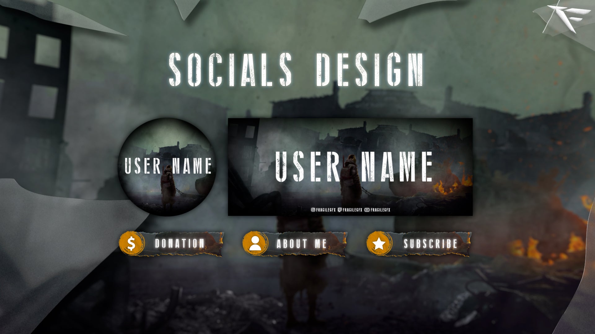 Aftermath Twitch panels – metallic futuristic info panels for About, Donate, and Socials – cohesive design matching the Aftermath overlay theme by FragileGFX.