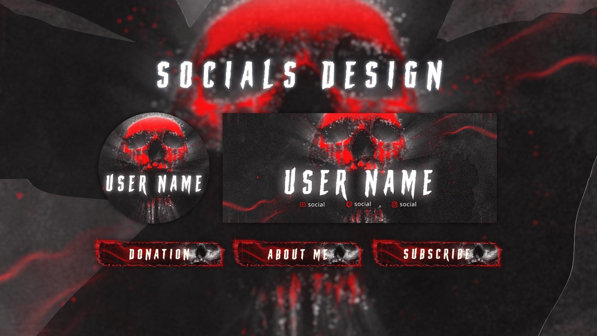 Gothic style Twitch panels from Airborne Overlay – includes About, Donate, Subscribe with skull and grunge design
