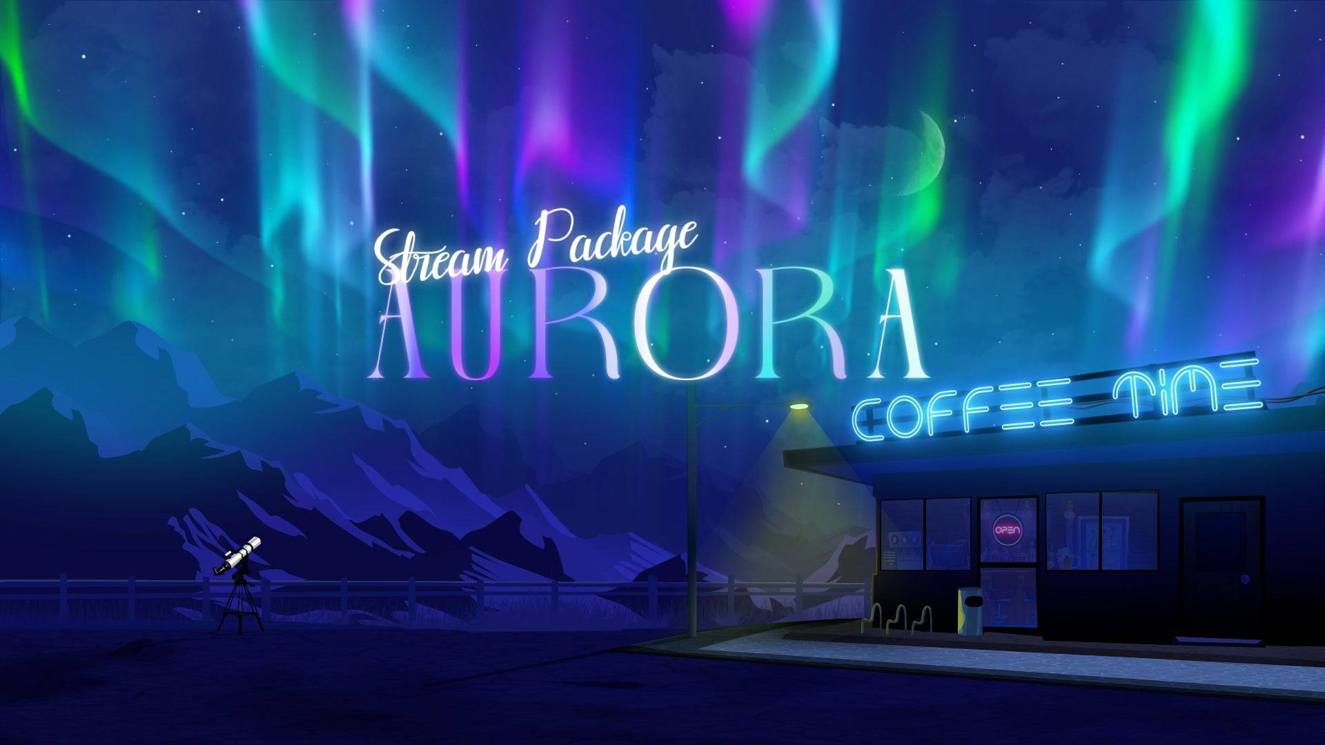 All-in-one Twitch overlays preview for Aurora Night package featuring animated stream screens, facecam, Twitch panels, alerts, and widgets. Designed for OBS and Streamlabs with glowing aurora aesthetics for premium stream visuals.