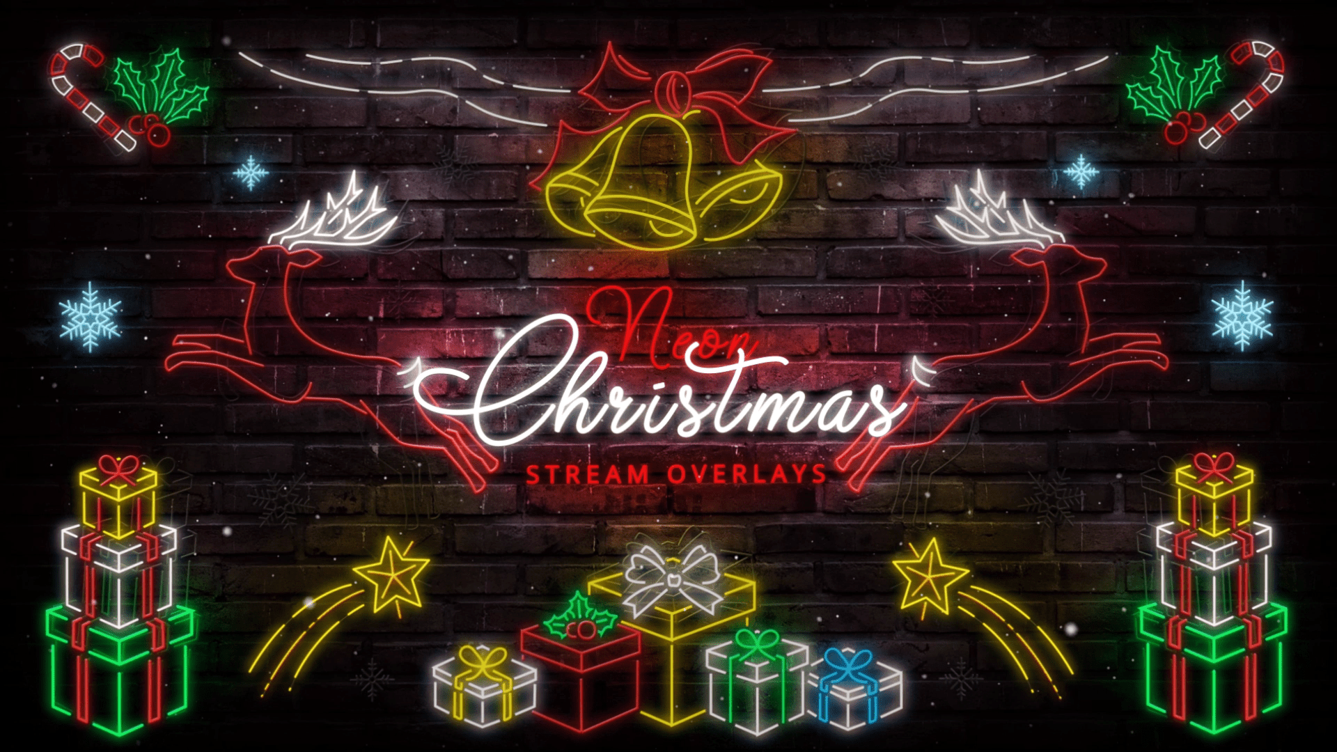 Neon Christmas Twitch Overlays Pack – glowing neon deer, gifts, and northern star in vibrant holiday streaming design for Twitch, OBS, and Streamlabs.