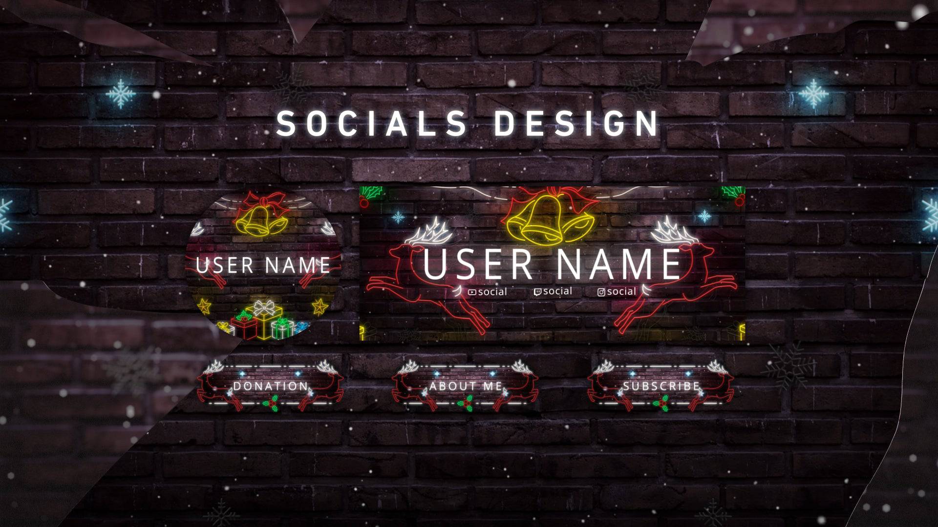 Neon Christmas Twitch panels – matching neon gift and reindeer design with glowing borders and festive holiday style.