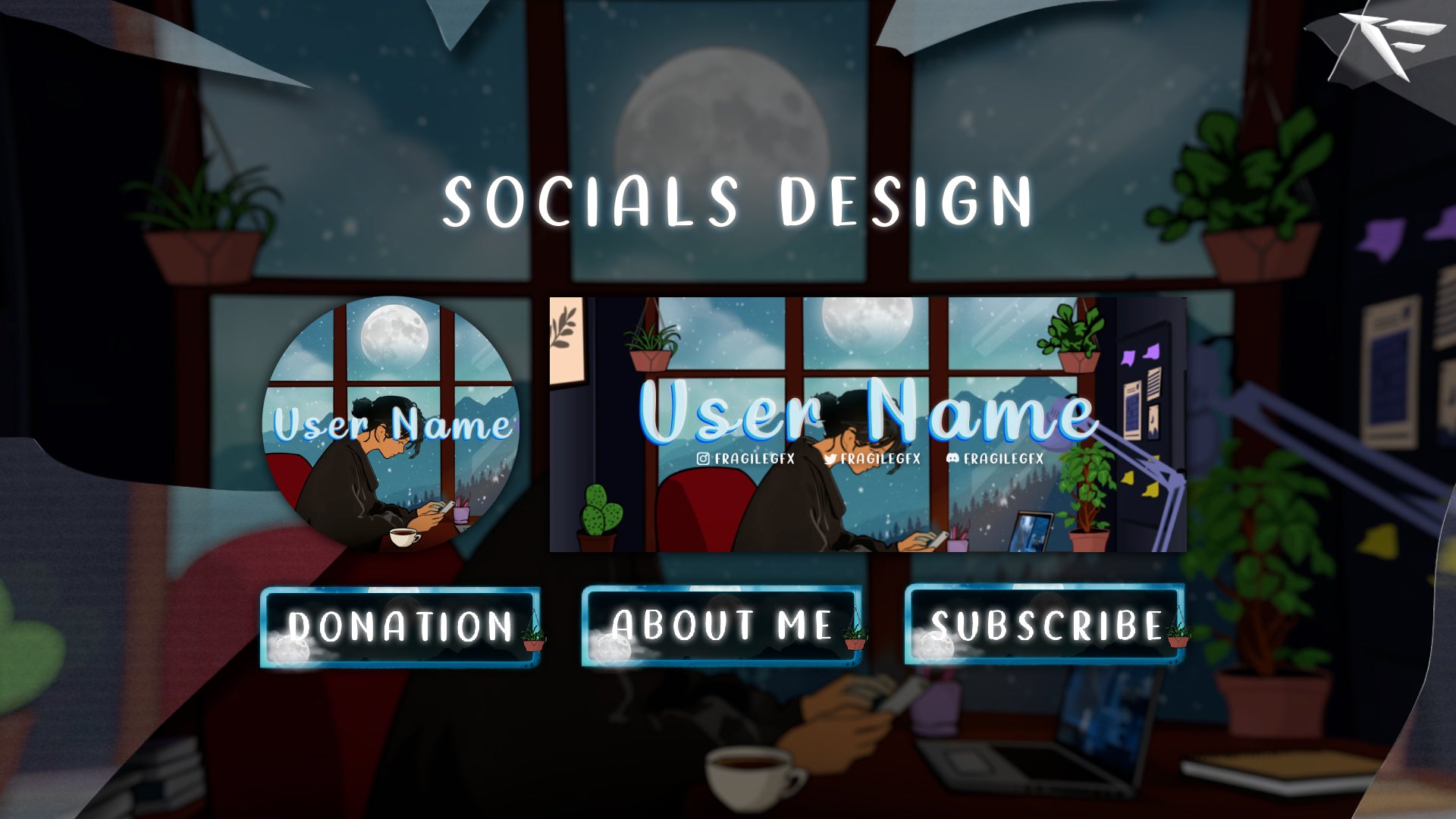 Matching Cozy Girl Twitch panels set including About Me, Donations, Schedule, and Socials with pastel icons