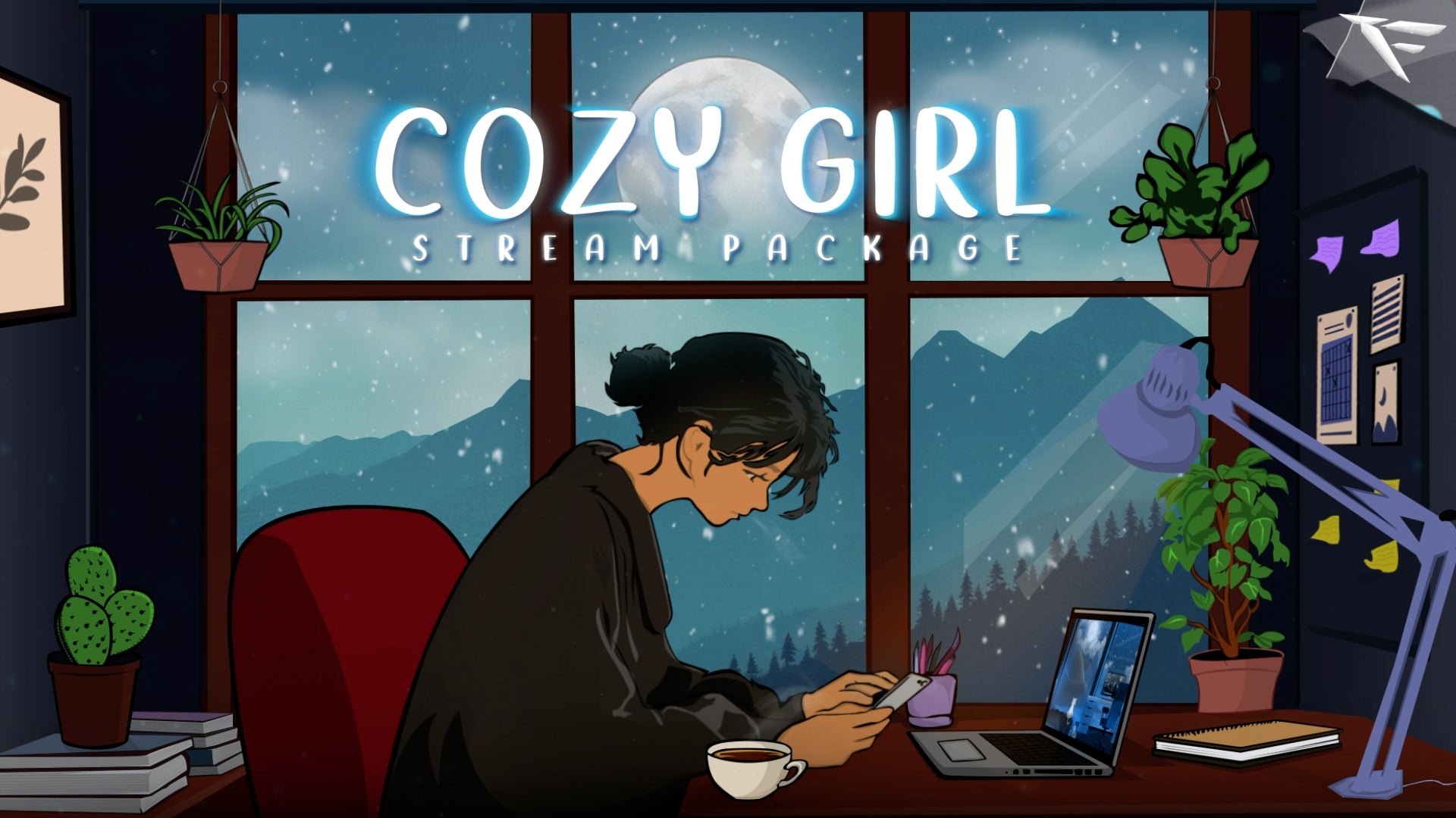 Cozy Girl Twitch overlay package preview featuring pastel aesthetic stream scenes and webcam frames for OBS and Streamlabs