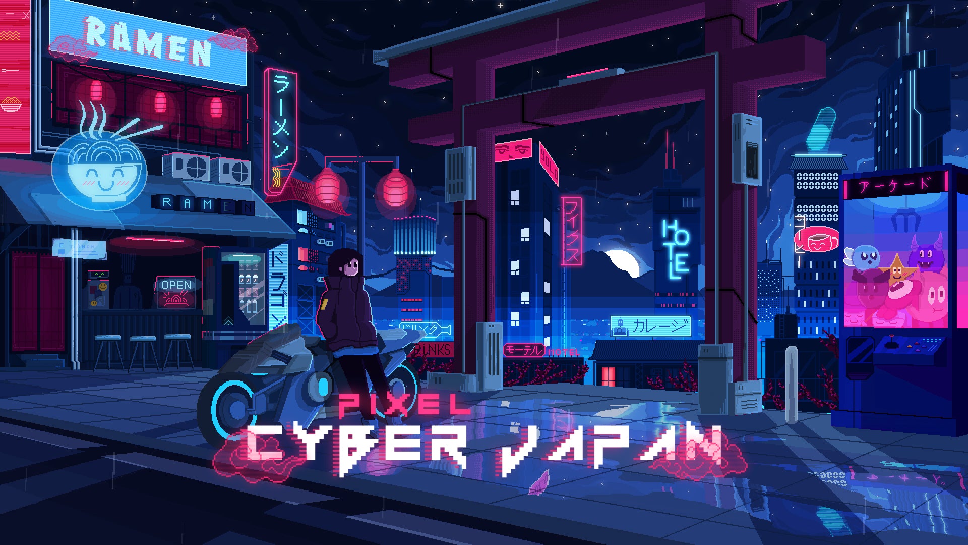 Pixel Cyber Japan Twitch Overlay Pack – futuristic pixel art streaming design with neon lights, Japanese cityscape, and cyberpunk atmosphere.