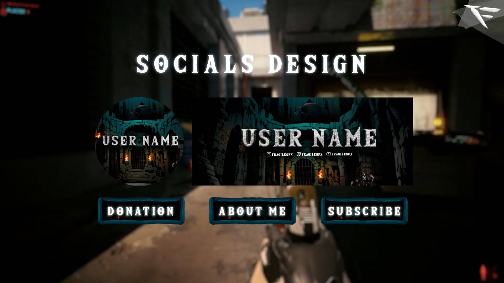 Dark Dungeon-inspired Twitch panels for About, Donate, Schedule, and Socials, with gothic stone textures and spooky visuals, perfect for a gothic stream aesthetic.