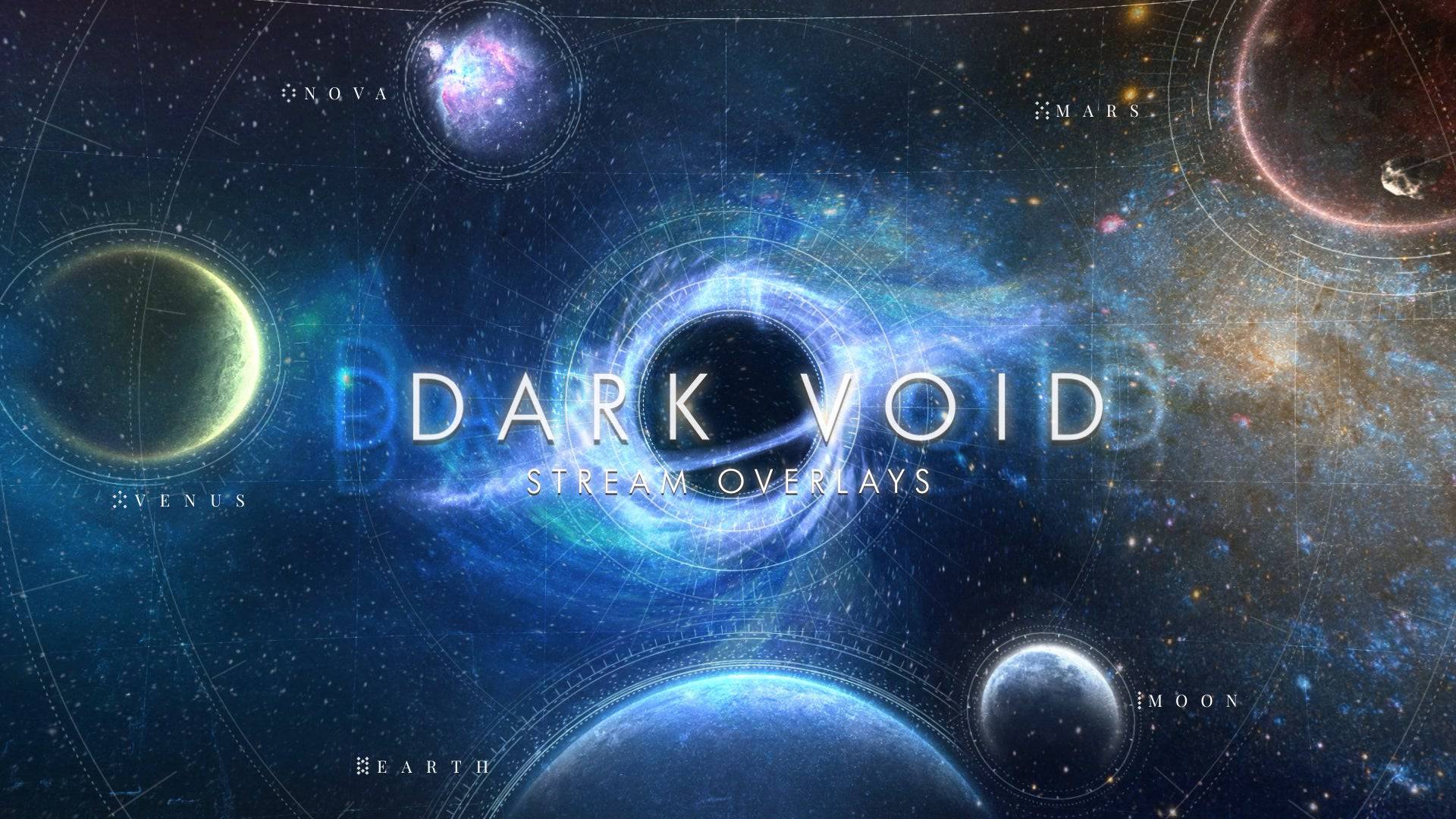 Dark Void Stream Overlay Package preview featuring all animated scenes including Starting Soon, BRB, Intermission, and Ending screens, cosmic webcam frames, alerts, stinger transition, and panels — designed for sci-fi Twitch and YouTube streamers.