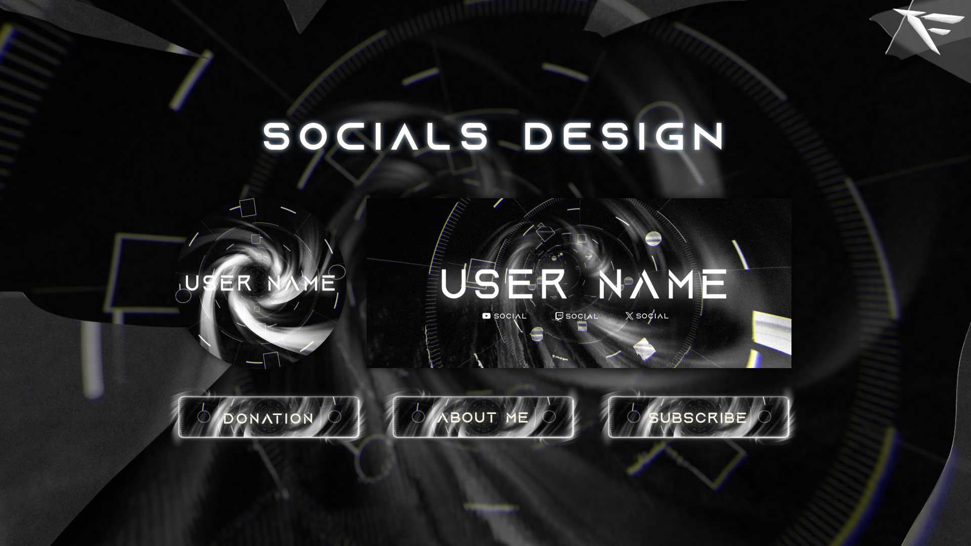 Dark Loop Twitch panels â matching dark futuristic interface with circular HUD elements and minimal motion design for channel sections.