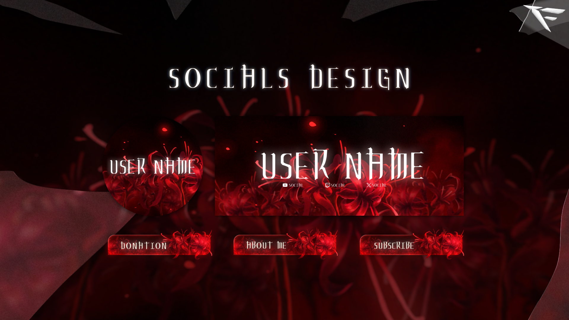 Death Lily Twitch panels – matching red and black floral theme with glowing accents for channel sections like About, Rules, and Donations.
