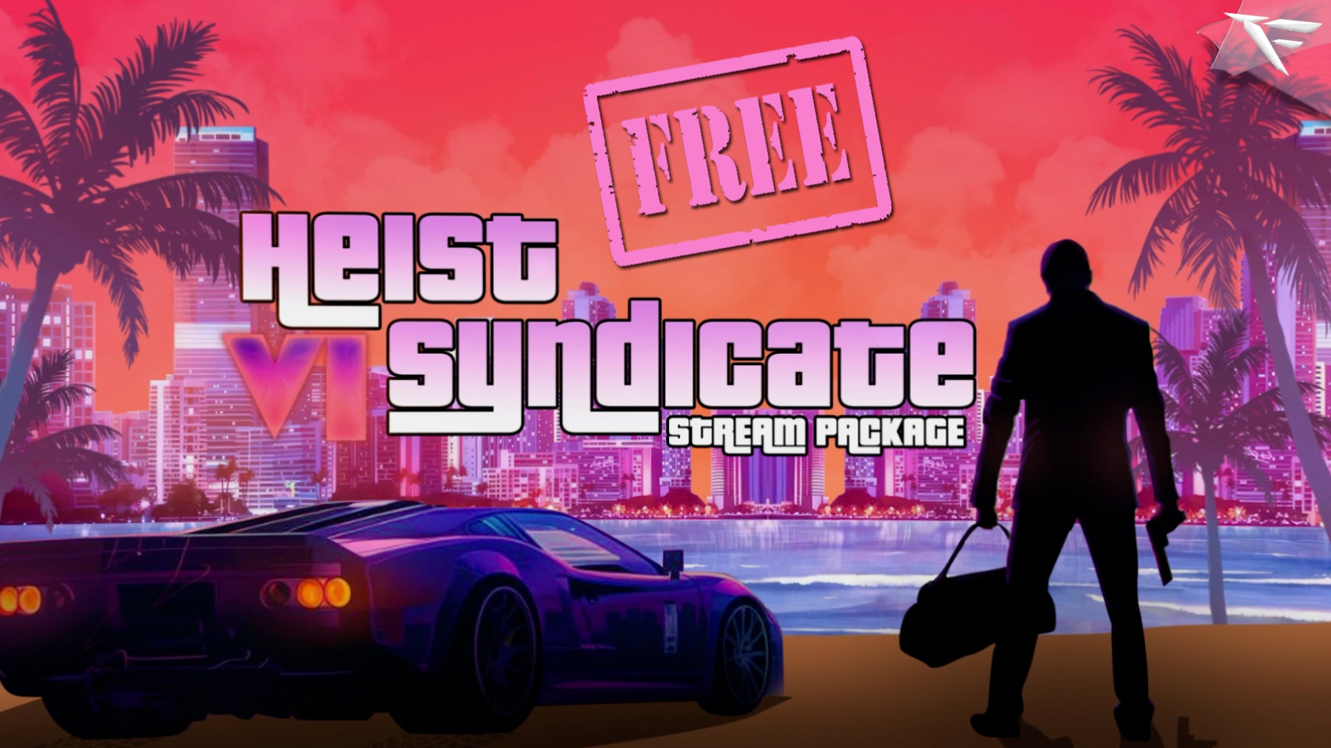Free Heist Syndicate Twitch Overlay Package for GTA IV – Neon city background with a getaway car and silhouette of a criminal holding a duffel bag and pistol, perfect for OBS and Streamlabs streamers.