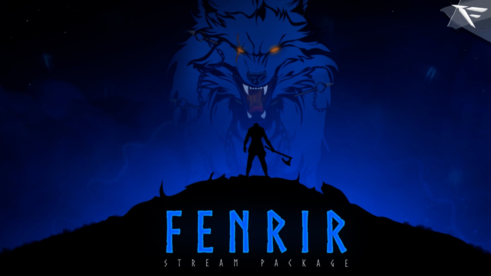 Mythic wolf-themed Twitch overlay bundle – Fenrir Stream Overlay Package by FragileGFX, dark runic design with animated screens and alerts.