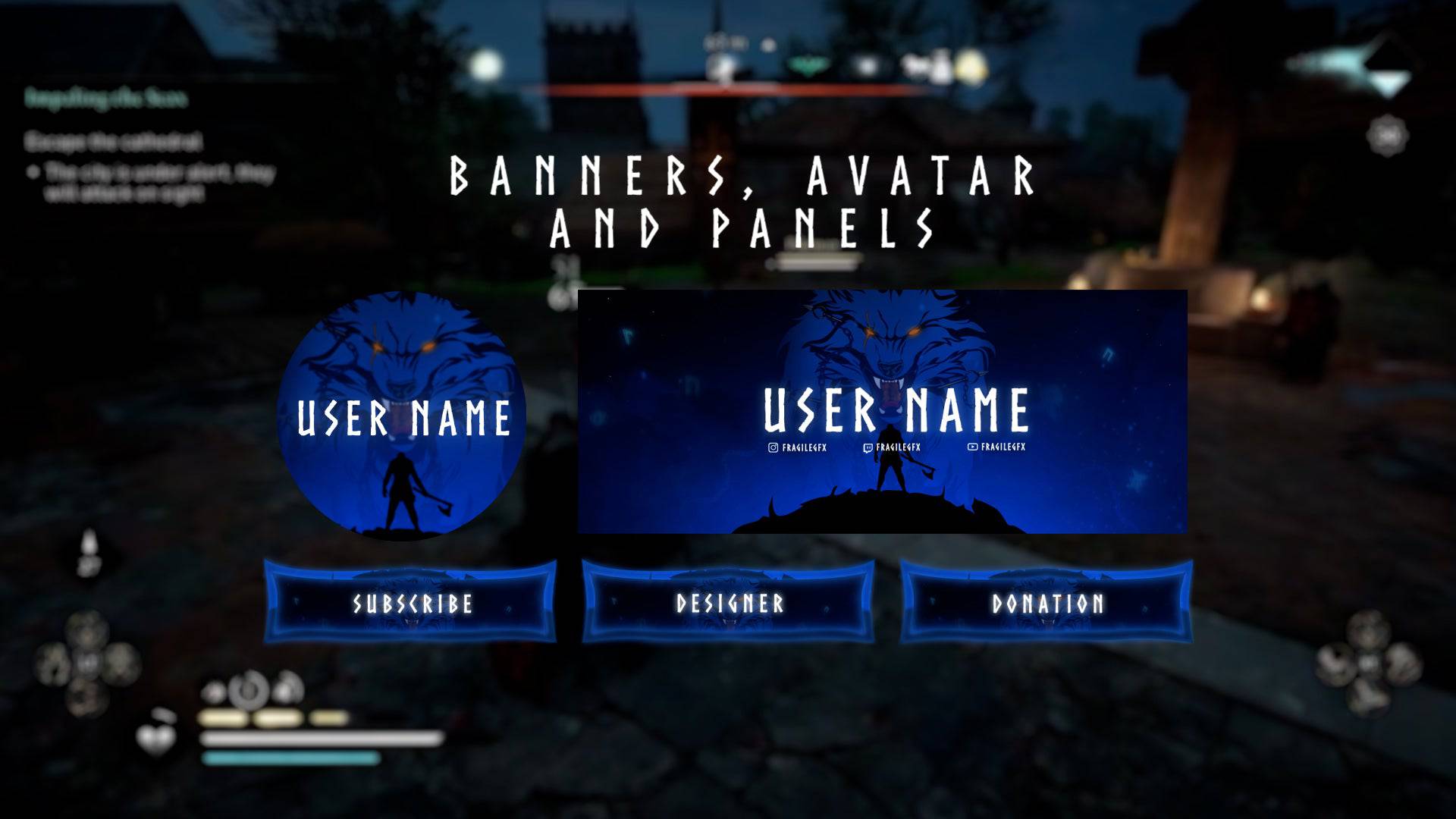 Fenrir Twitch panels set with Norse-style design, including About, Rules, Schedule, Socials, and more – perfect for customizing Twitch profiles with Viking-themed aesthetics.