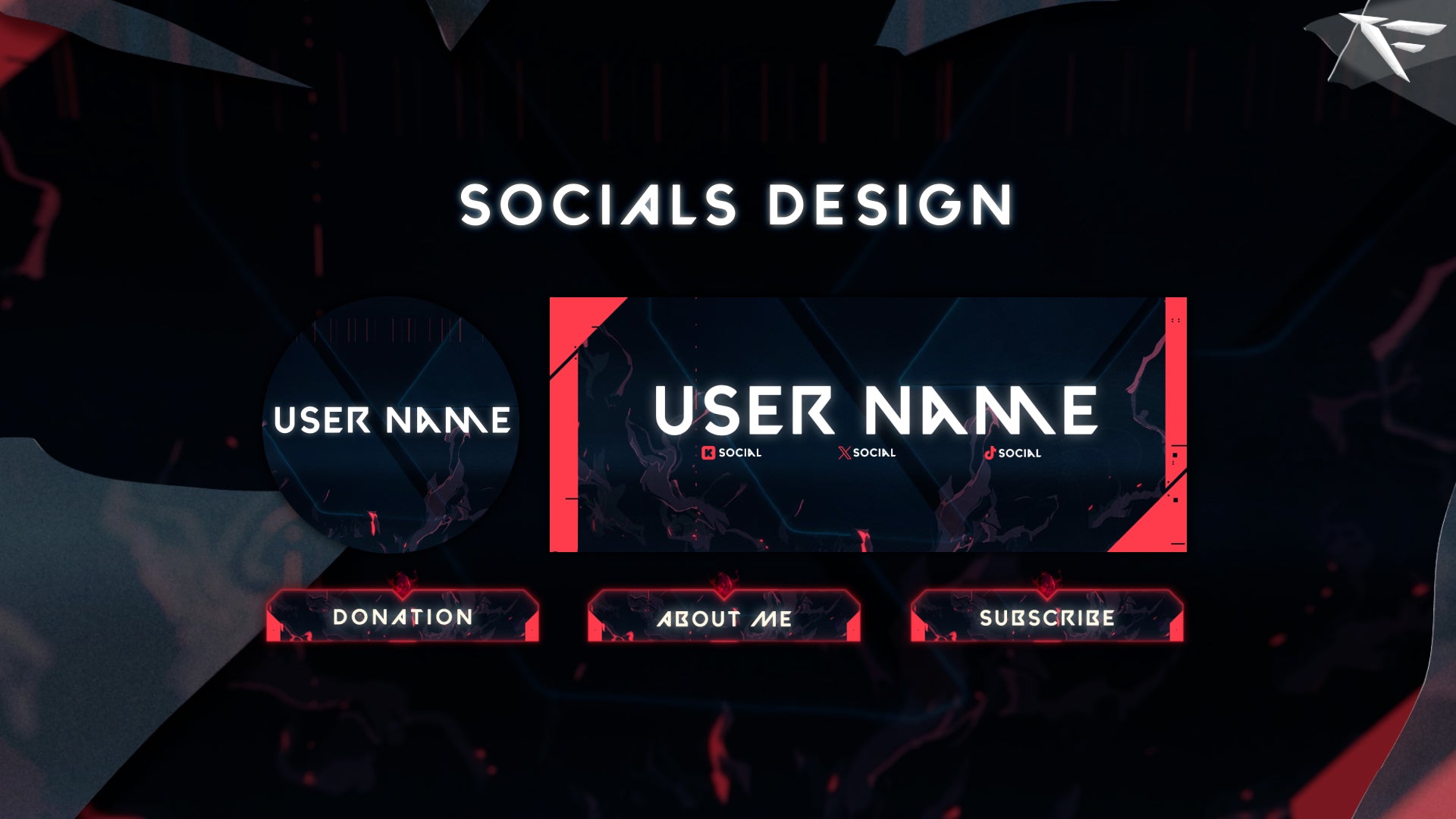 Custom Twitch panels with Valorant-themed design — includes About, Donate, Socials, and Setup sections.
