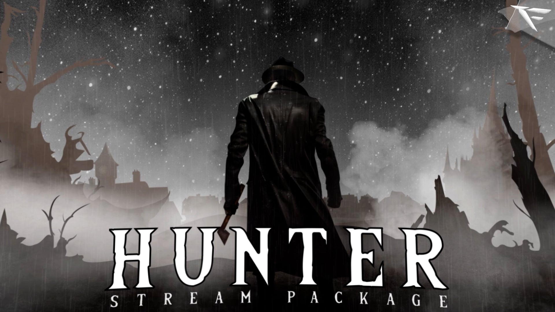 Hunter Stream Package thumbnail showing rugged tactical Twitch overlay with dark textures and cinematic hunter-themed design by FragileGFX.