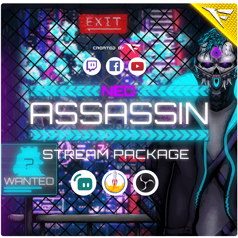 Neo Assassin animated Twitch overlay package featuring glitch transitions, futuristic HUD elements, cyberpunk-style alerts, FPS-focused scenes, and neon cyber aesthetics.