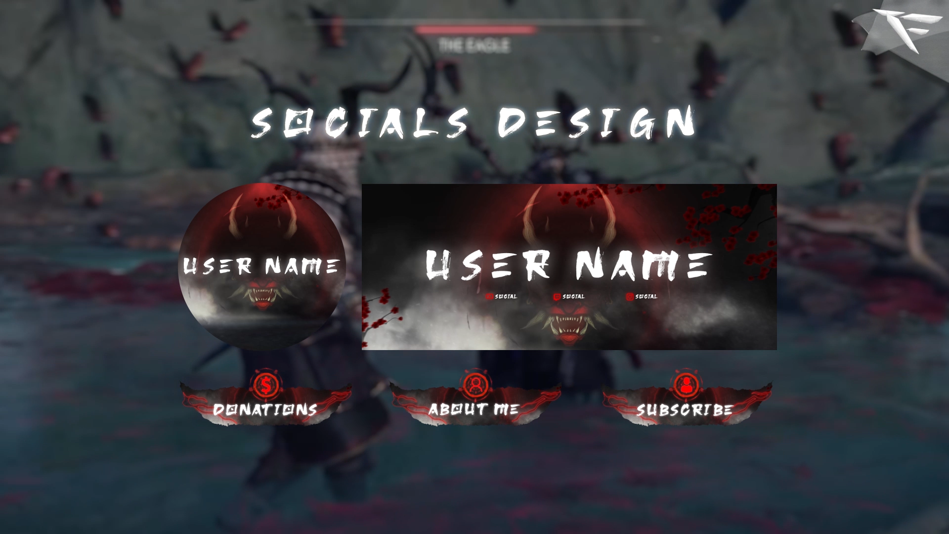 Oni Twitch panels – matching dark red Japanese demon theme with Oni mask icons, glowing borders, and stylized kanji runes for channel layout.