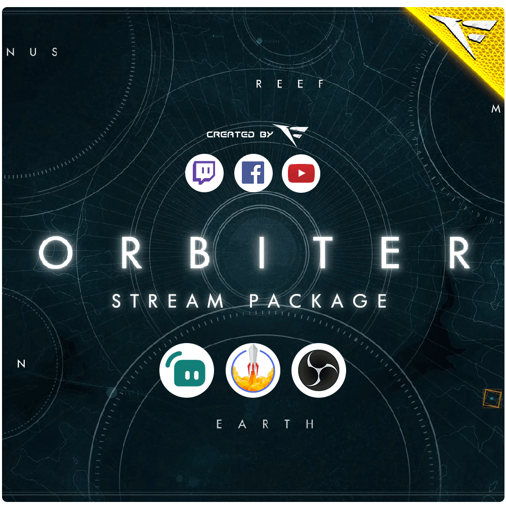 Futuristic animated Twitch overlays from the Orbiter Stream Package – includes Starting Soon, Be Right Back, Intermission, and Ending screens by FragileGFX.