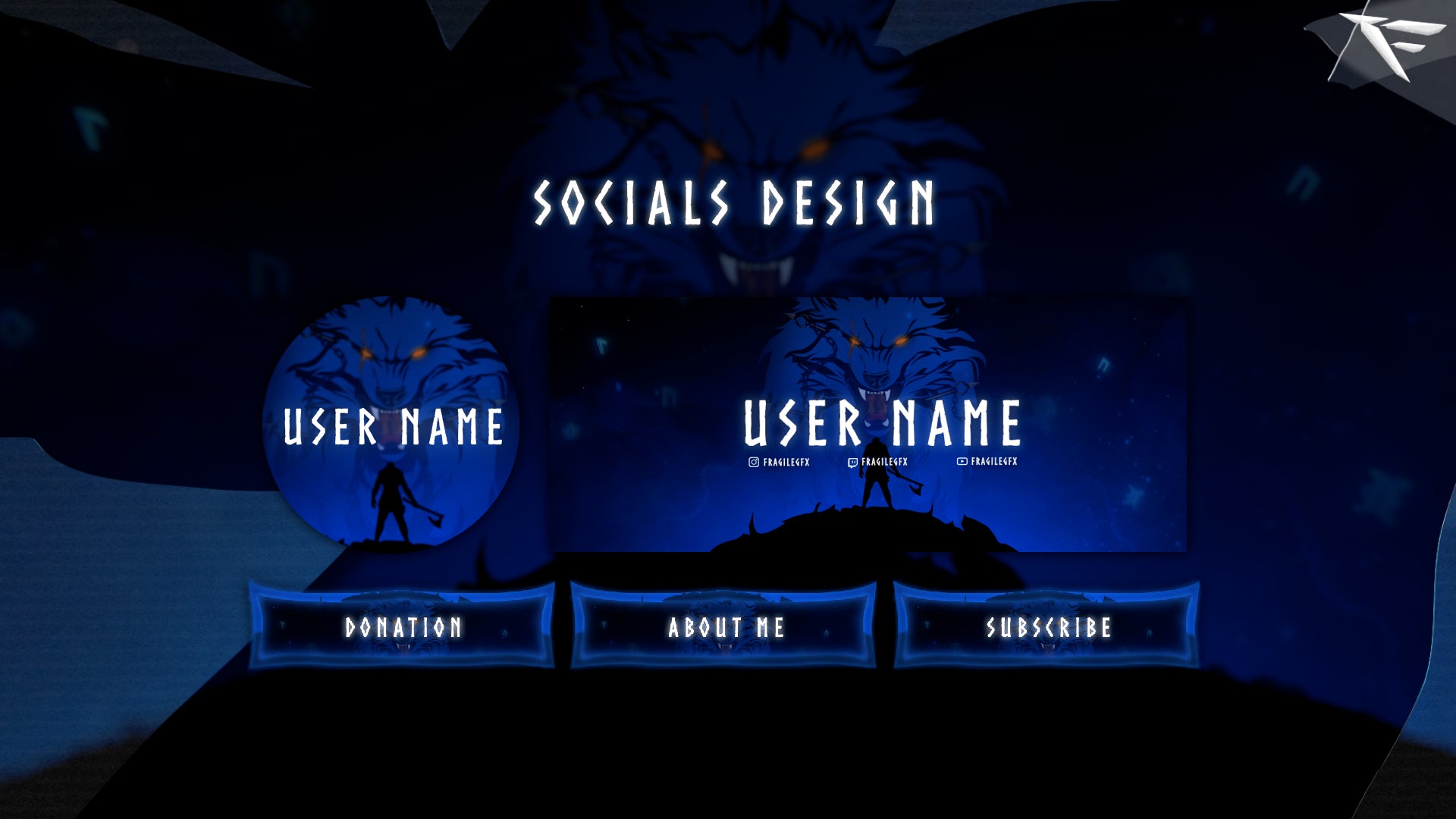 Norse wolf-themed Twitch panels with runic symbols, icy textures, and dark cinematic design from the Fenrir Stream Package.