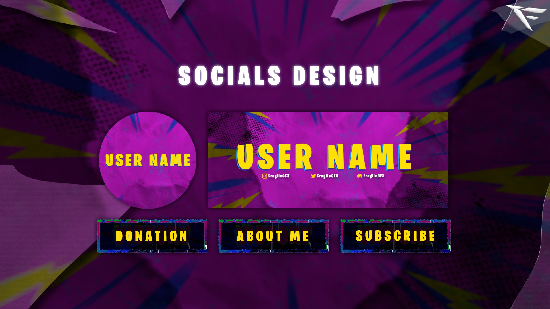 Vibrant Fortnite-inspired Twitch panels from Free Victory overlay set – includes About, Donate, Schedule, Rules, and more for clean stream layout.