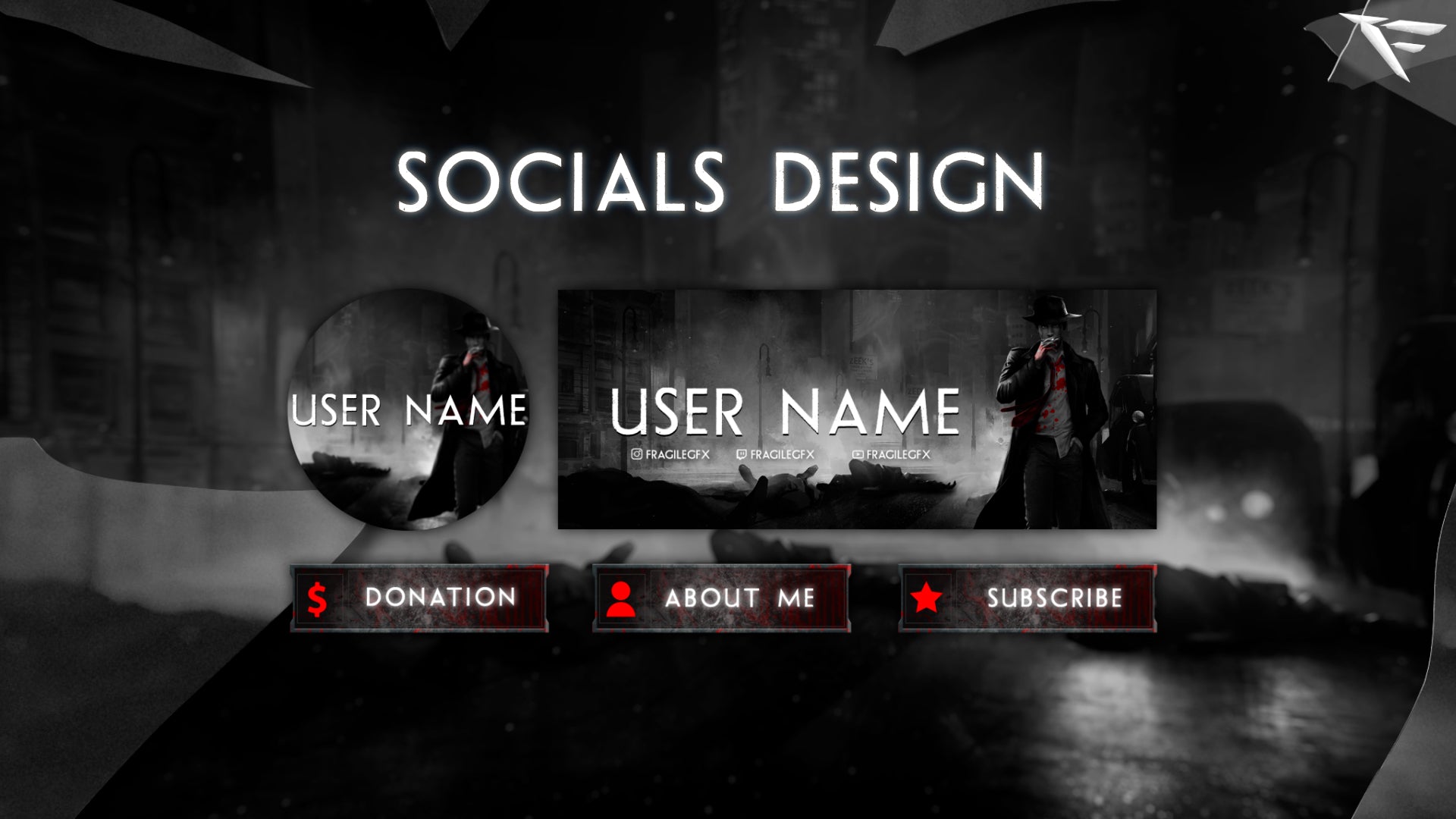 Social media design interface with user name placeholders and options on a dark background.