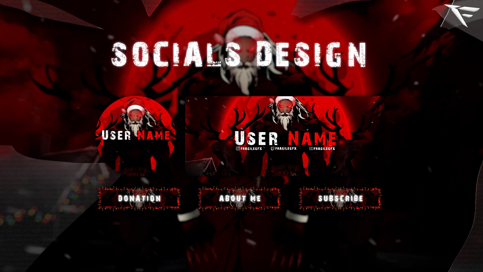 Santa Claws Horror Twitch Panels â custom info panels with dark Christmas horror aesthetic, red glowing accents, and creepy Santa claw details including About, Rules, Schedule, Donate, and Socials sections for Twitch streamers.