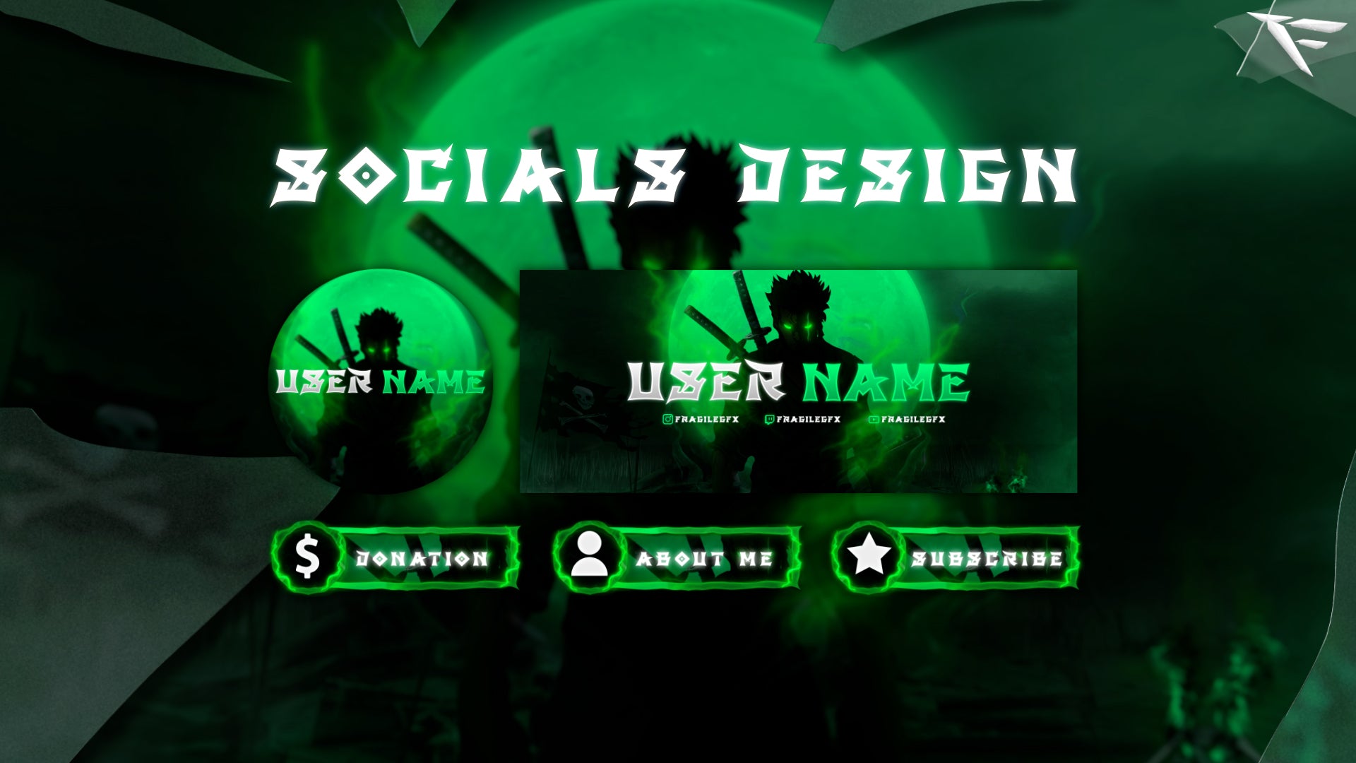 Pirate Hunter Twitch Panels – custom Twitch info panels with dark pirate aesthetic and neon green glow, including About, Rules, Schedule, Donate, and Socials sections for streamers.
