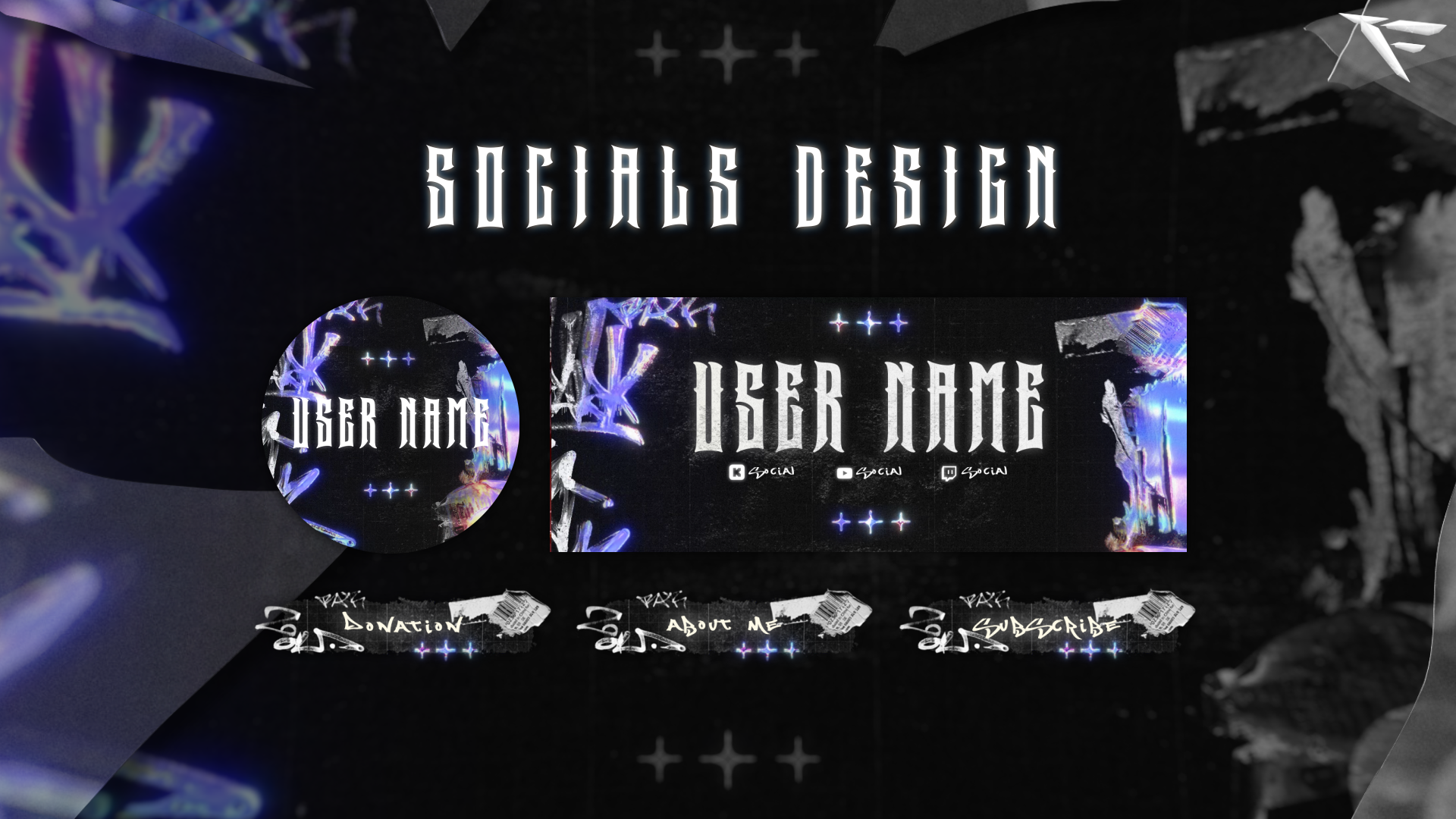 Custom Twitch stream panels in Chrome Graffiti style with chrome effects, spray paint textures, and neon text for social links and info