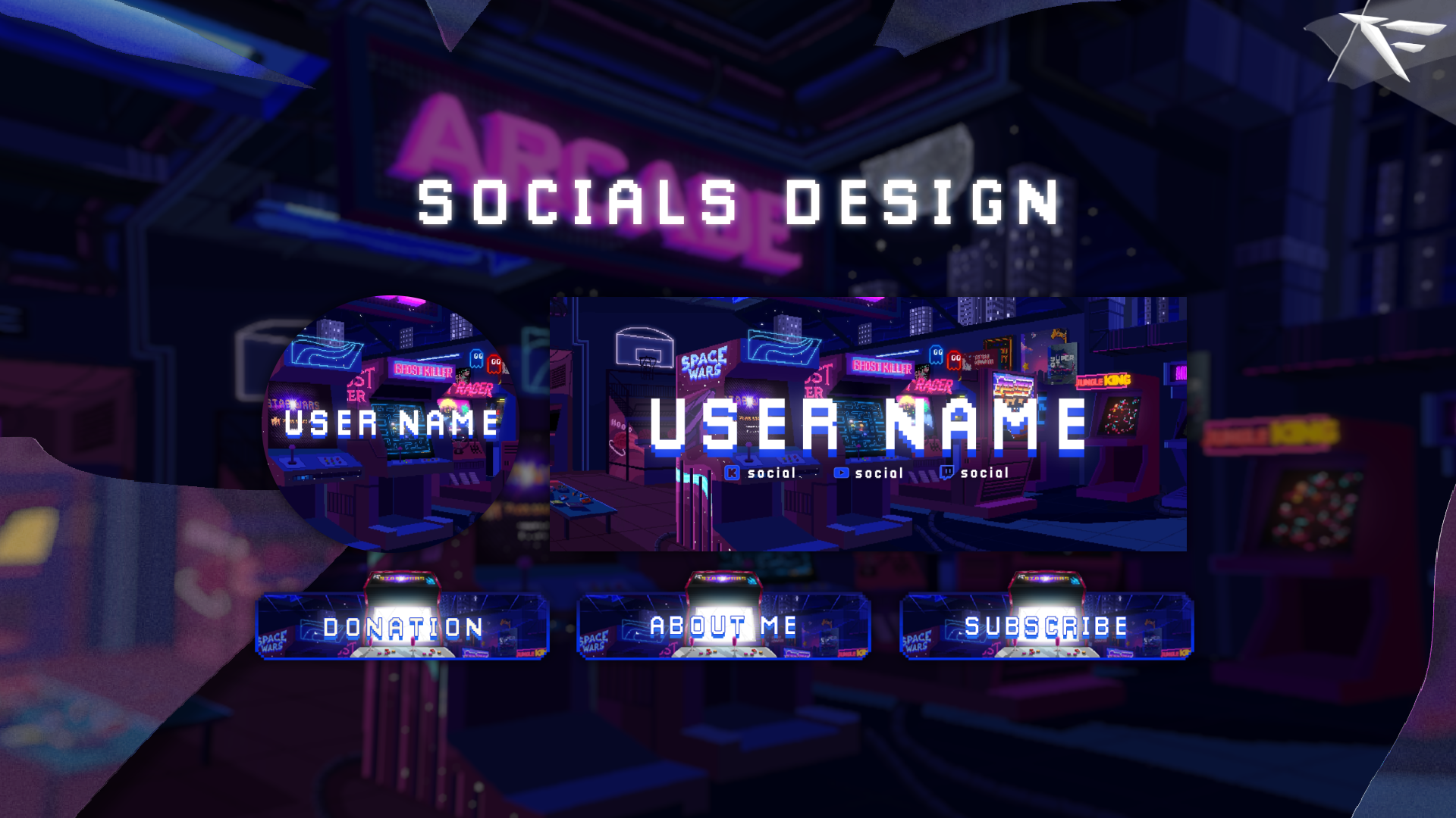 Custom Twitch stream panels in pixel art style with retro font and glowing neon borders for social media and about sections