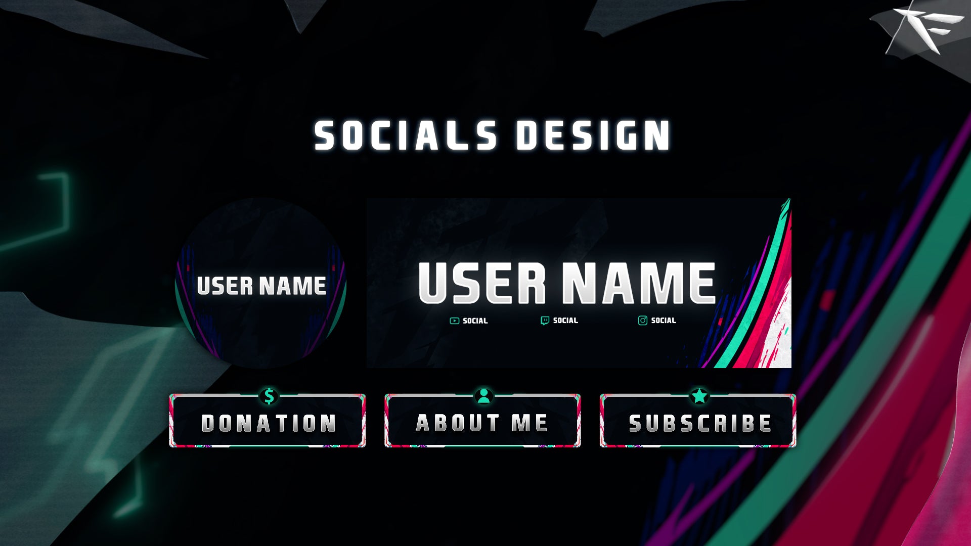 Set of Twitch panels designed with a football theme, including sections for About, Schedule, Donations, and Socials — matches FIFA overlay aesthetic.