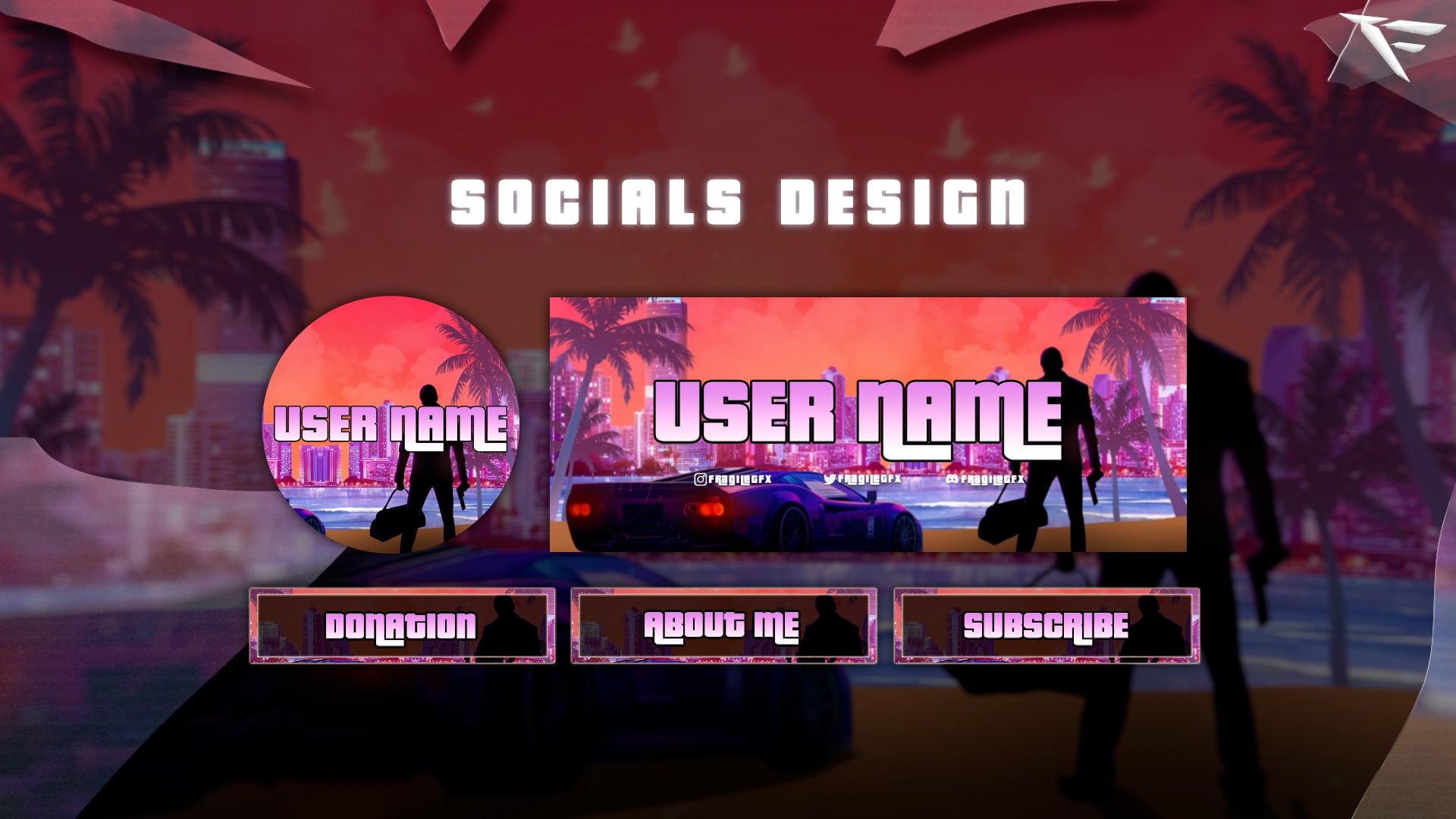 Twitch channel panels from Heist Syndicate overlay pack – themed around GTA heists with neon icons for About, Donate, Schedule, and more, matching the retro crime vibe.