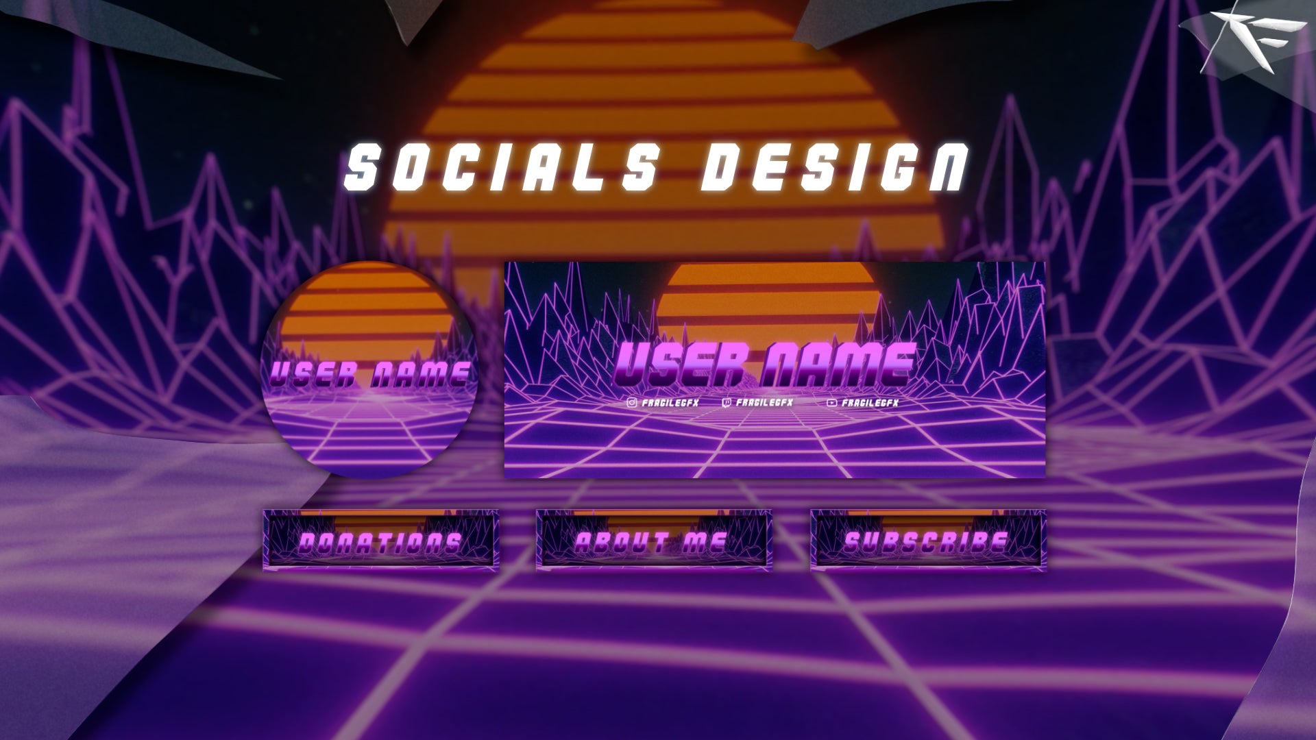 Neon retro Twitch panels with glowing grids, glitch animations, and vibrant 80s synthwave colors — perfect for organizing About, Donate, and Rules sections.