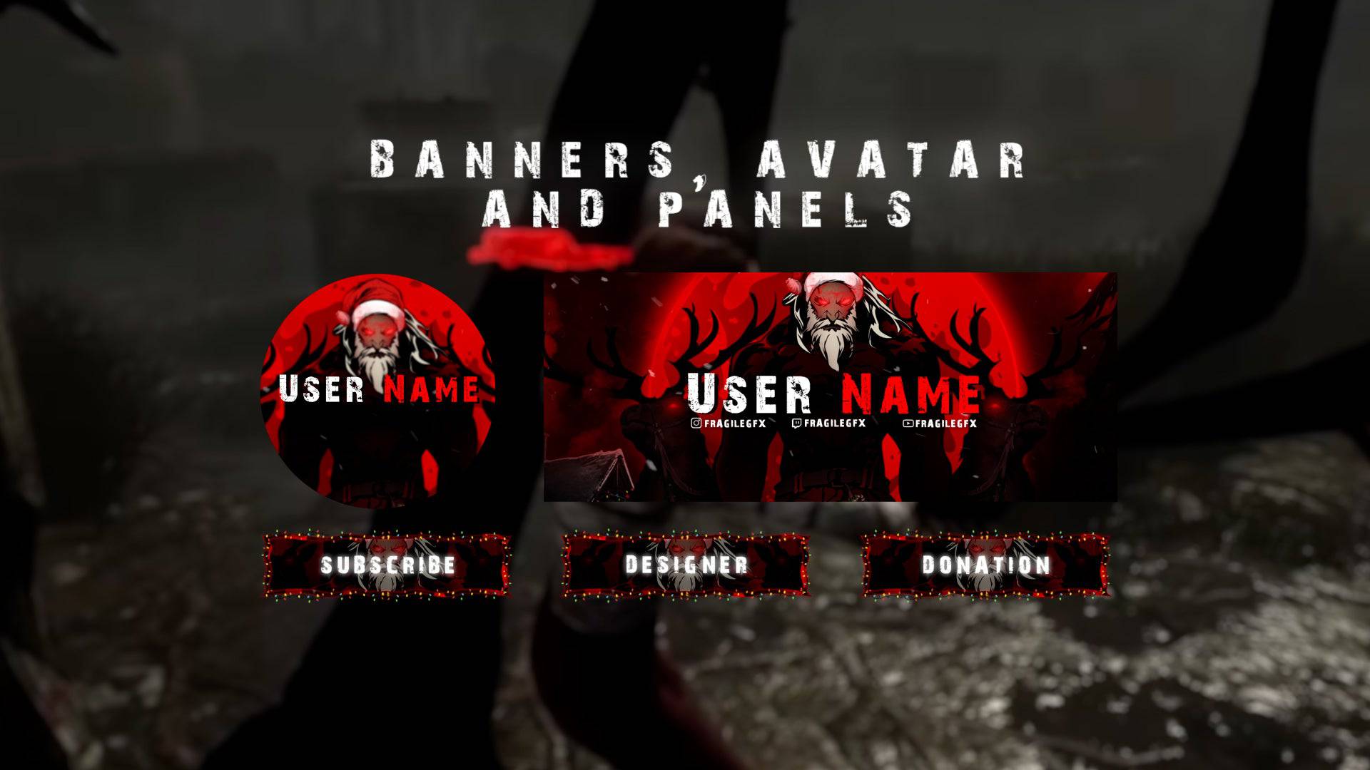 Dark, creepy Santa Claws horror-themed Twitch panels featuring sinister holiday graphics, clawed Santa imagery, and spooky accents. Perfect for streamers looking to add a chilling touch to their channel, with customizable panels for 'About', 'Schedule', 'Donate', and more. Ideal for enhancing the horror atmosphere of your stream while keeping it functional and stylish