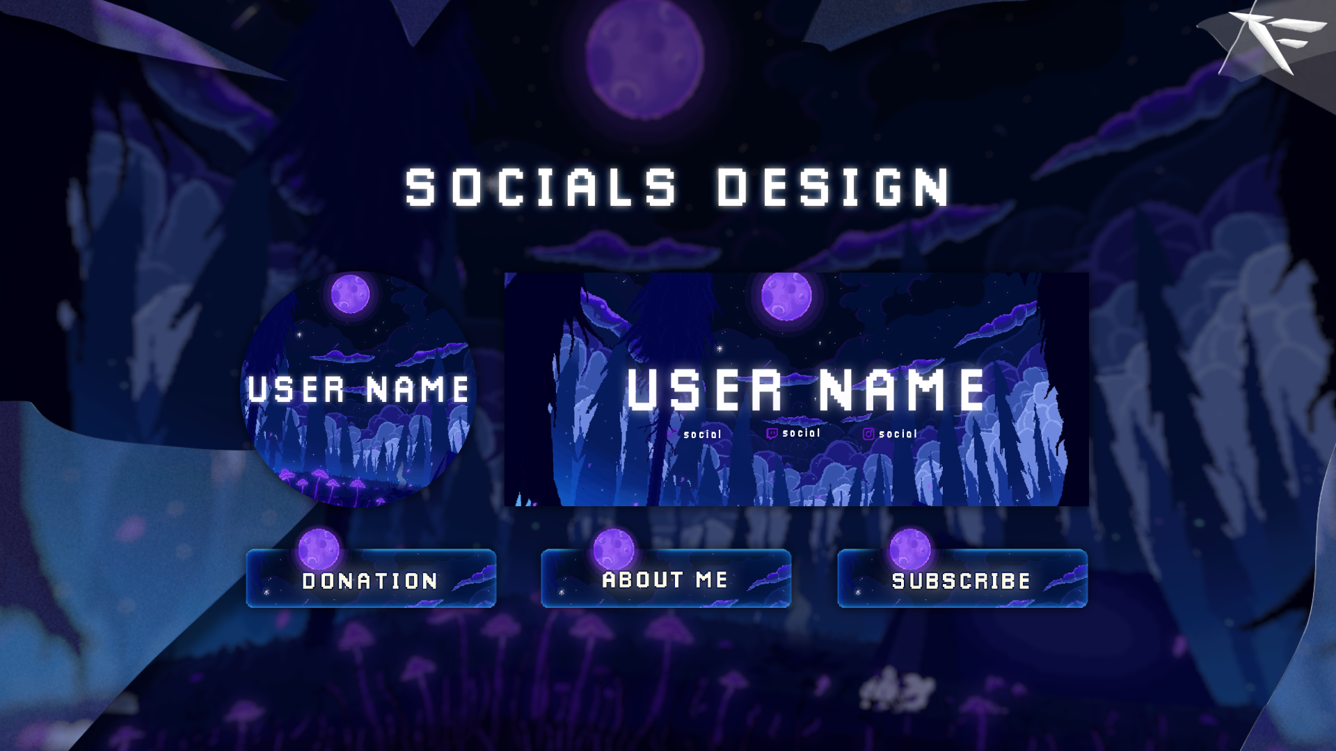 Pixel Forest Twitch Overlay – Custom pixel-art stream panels for OBS, including 'About Me,' 'Schedule,' and 'Socials' panels with a forest-inspired design