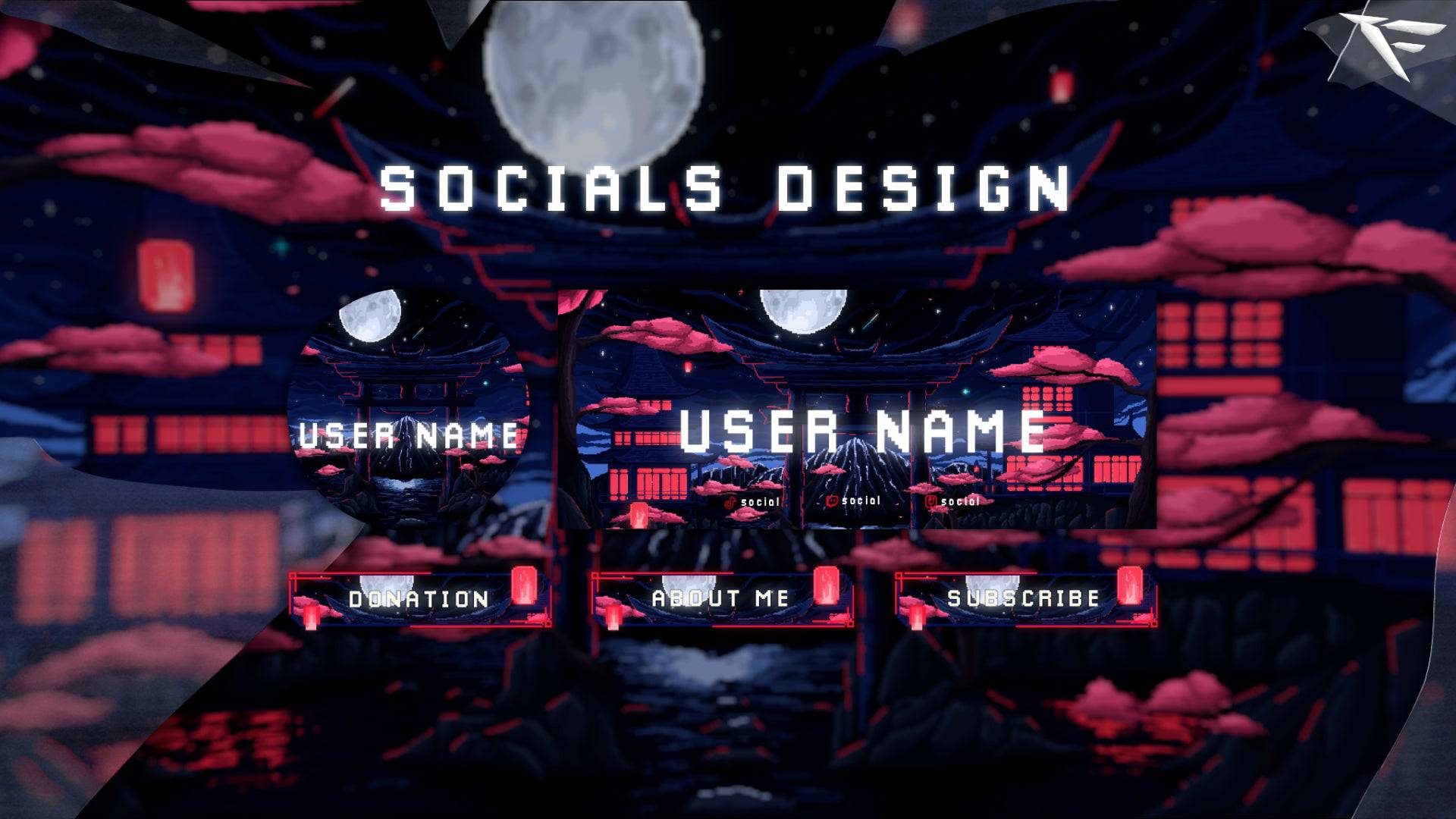 Pixel Japan Twitch Overlay for OBS – animated pixel-art stream screens, webcam frame, and retro Japanese city background