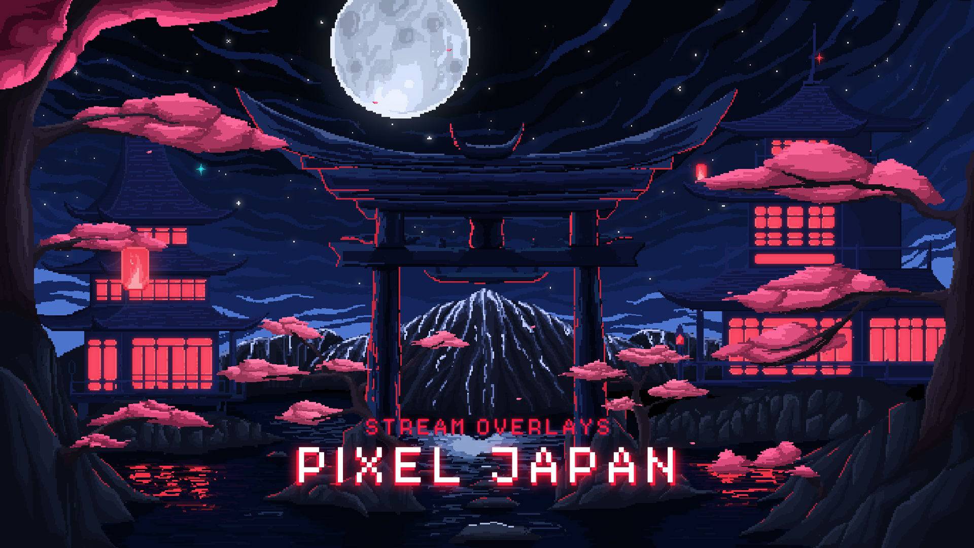 Pixel Japan Twitch Overlay for OBS – animated pixel-art stream screens, webcam frame, and retro Japanese city background