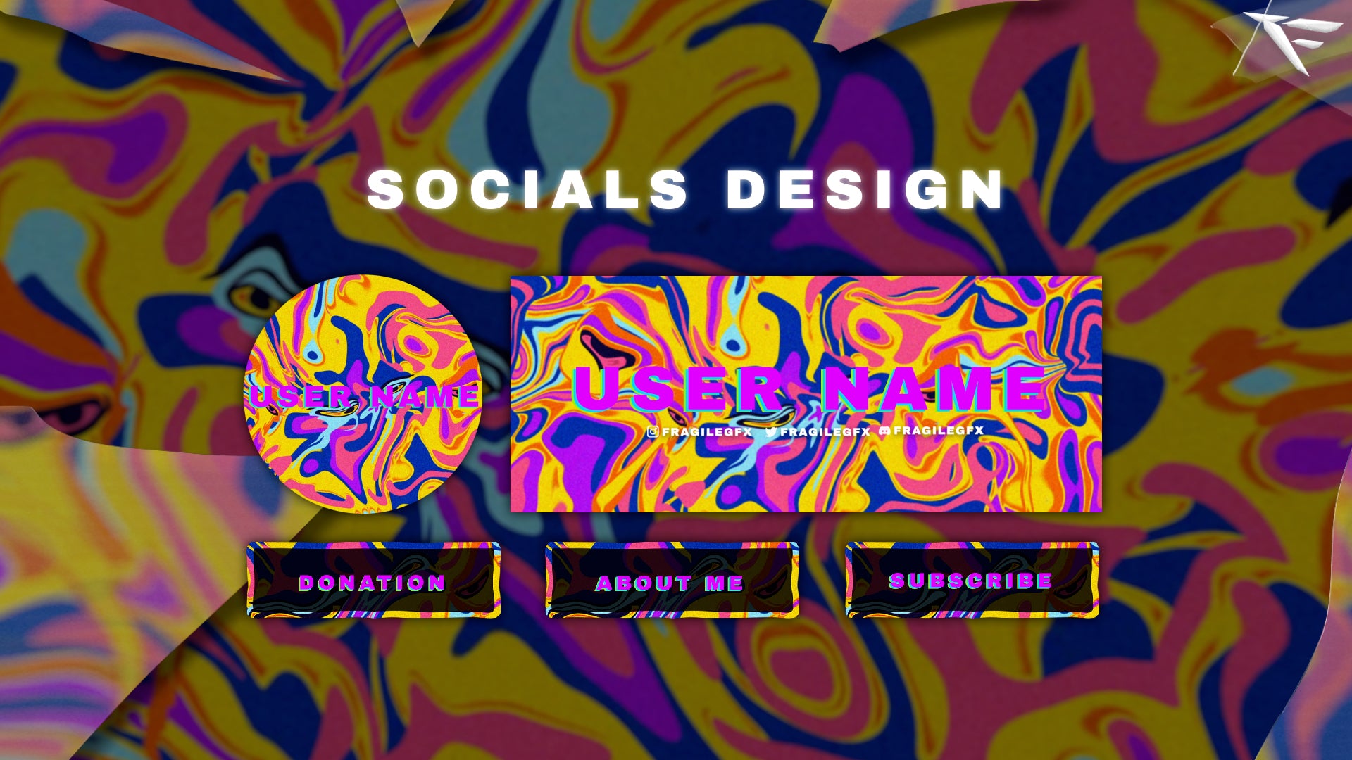 Bold and colorful Twitch panels in a psychedelic theme including About, Donate, Rules, and more
