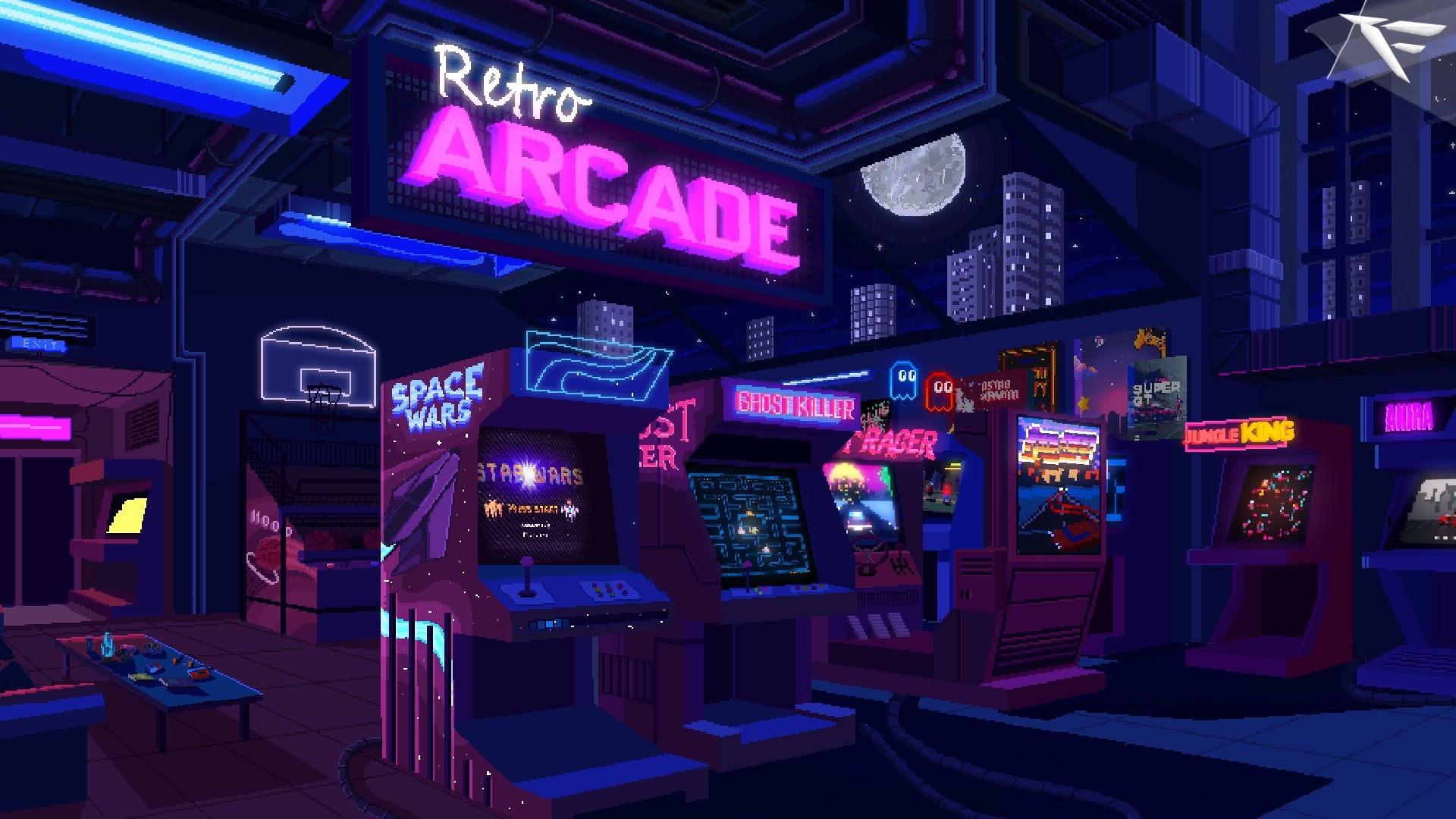Retro Arcade Twitch overlay package thumbnail featuring pixel art arcade machines and neon signs in an 80s-style game room