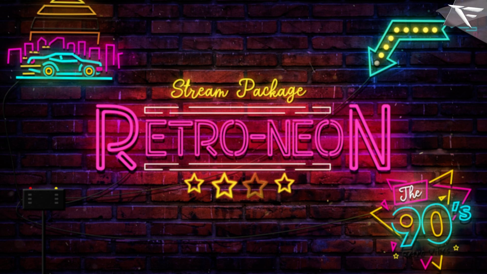 Retro Neon Twitch overlay with 80s-style design, neon glow effects, and synthwave color palette shown in OBS interface