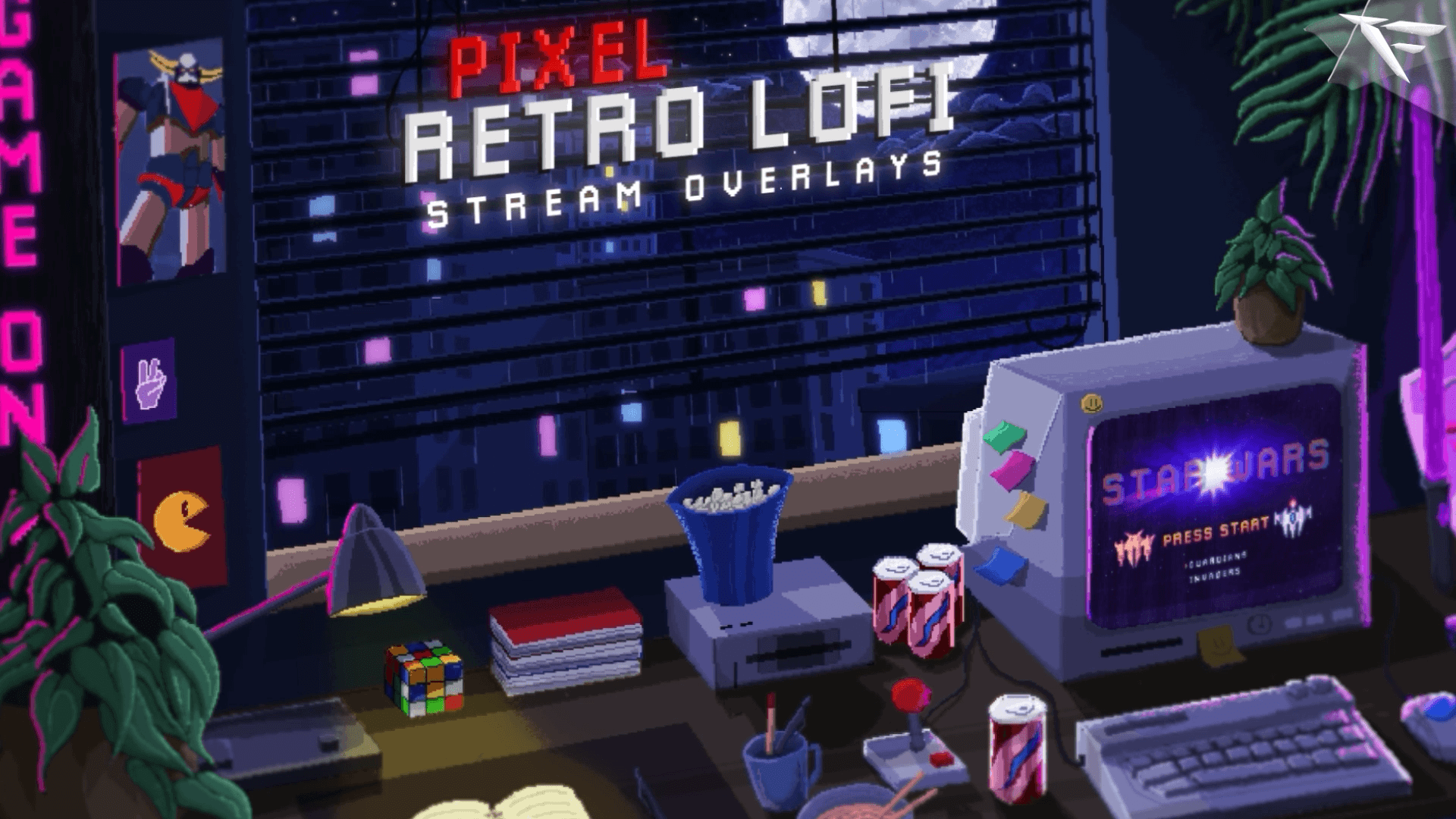 Retro Lofi pixel-style Twitch overlay package preview featuring animated stream screens, webcam frame, and overlays for OBS with a cozy, vintage aesthetic