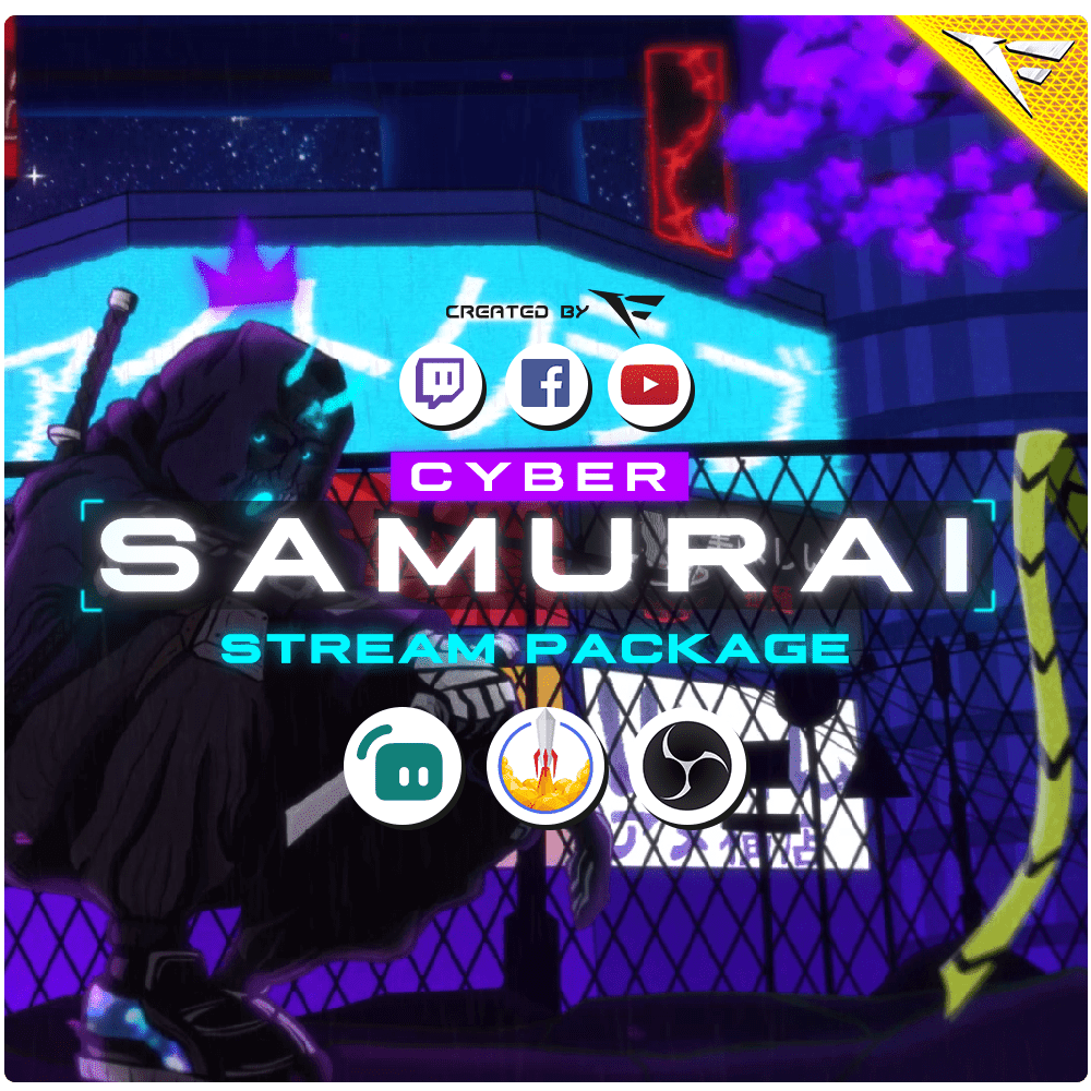 Cyber Samurai Twitch Overlay Screens – Starting Soon, BRB, Intermission, Ending, Alerts, Webcam Frame, Panels, Stinger Transition, Stream Background