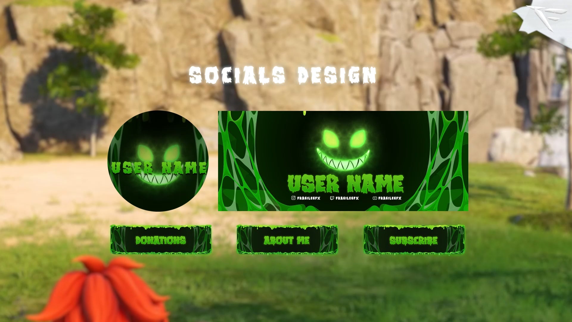 Slime Monster Twitch panels – bright green slime-style info panels for About, Schedule, and Socials – clean and matching Twitch overlay design by FragileGFX.