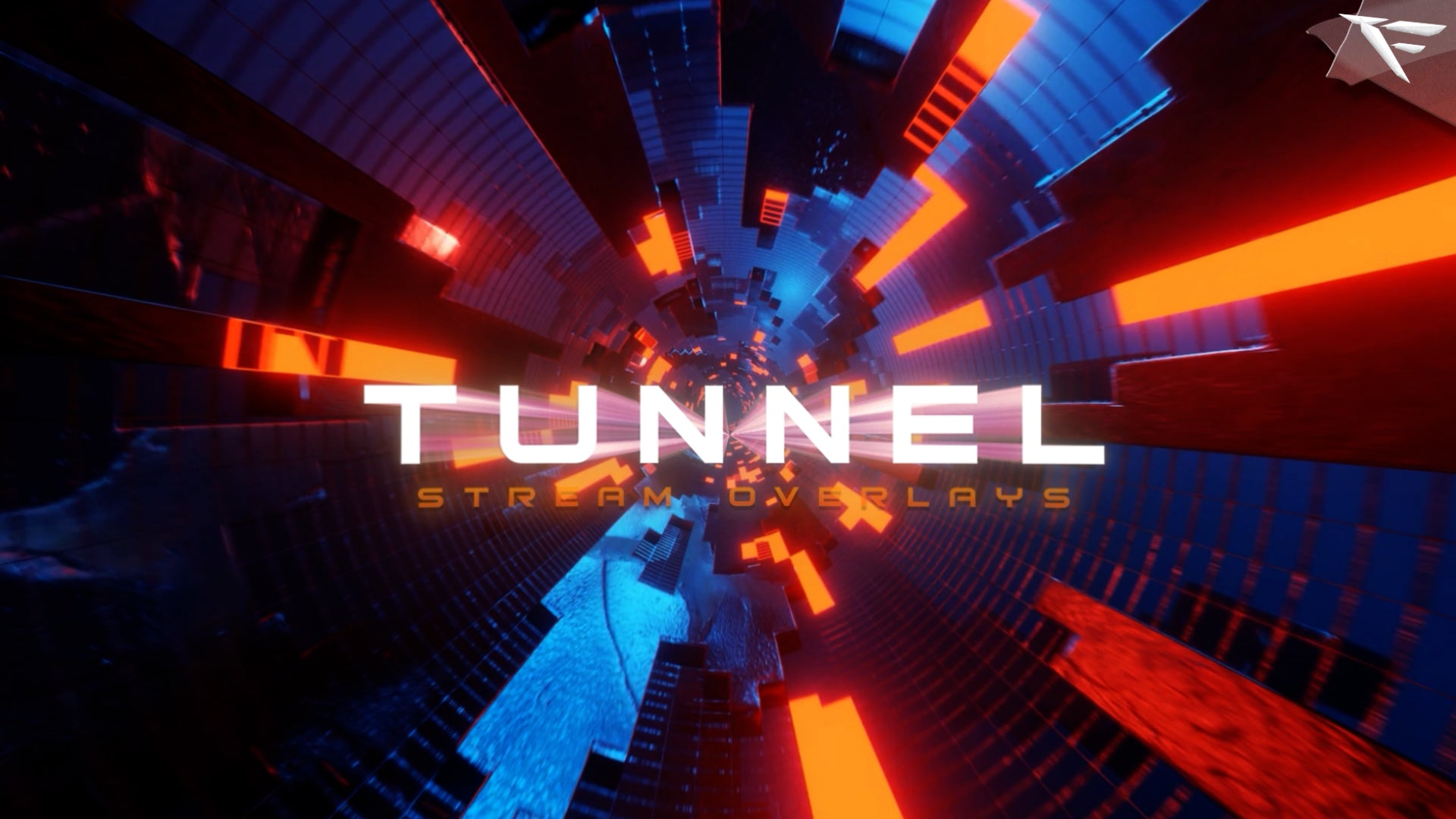 Tunnel Stream Package thumbnail – immersive futuristic neon tunnel overlay set for Twitch and OBS, featuring high-tech cyber grids, orange neon accents and digital warp theme.