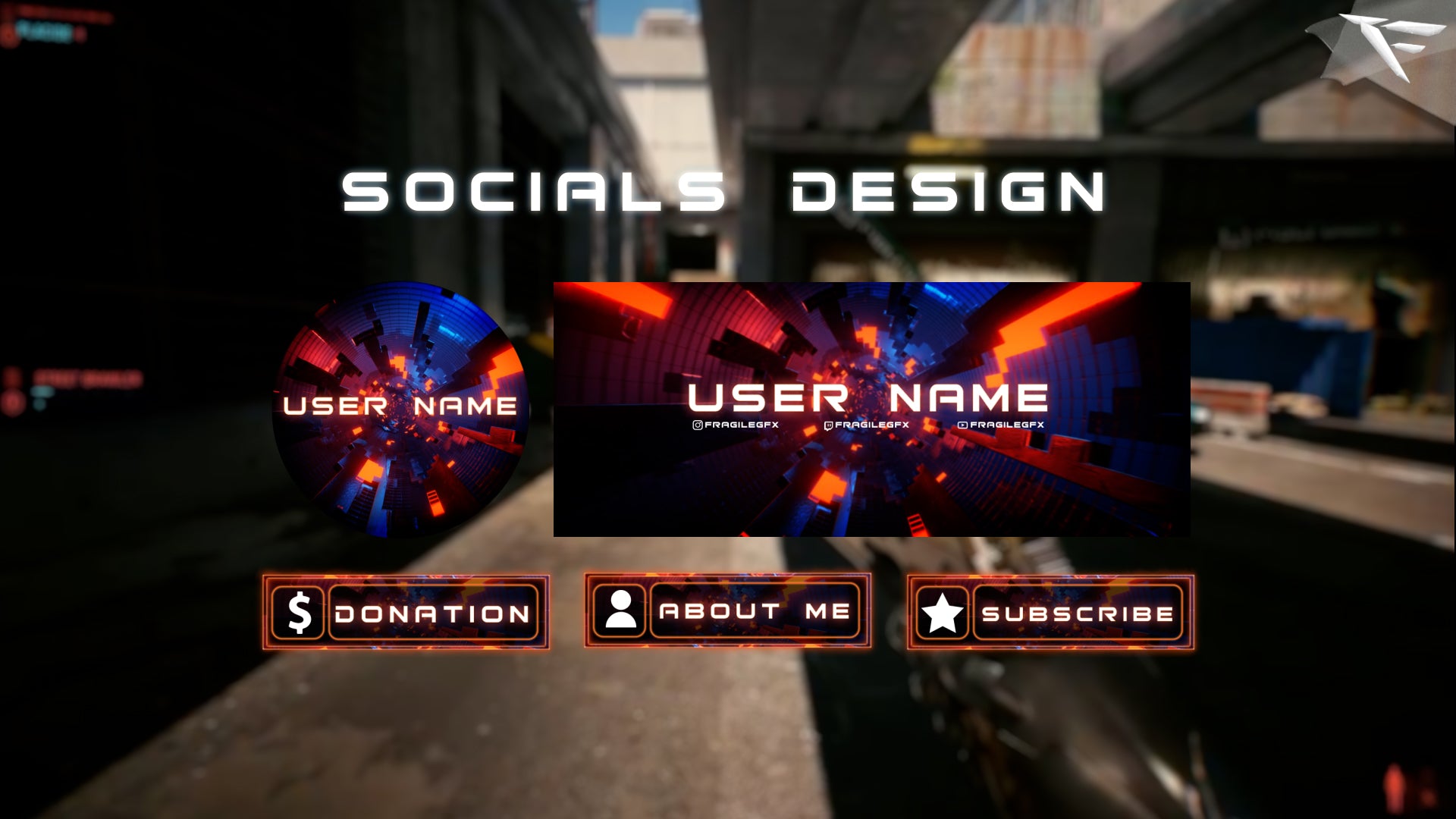 Tunnel Stream Package Panels – custom Twitch info panels with futuristic neon tunnel theme and orange glowing accents, including About, Rules, Schedule, Donate, and Socials sections for OBS and Streamlabs streamers.