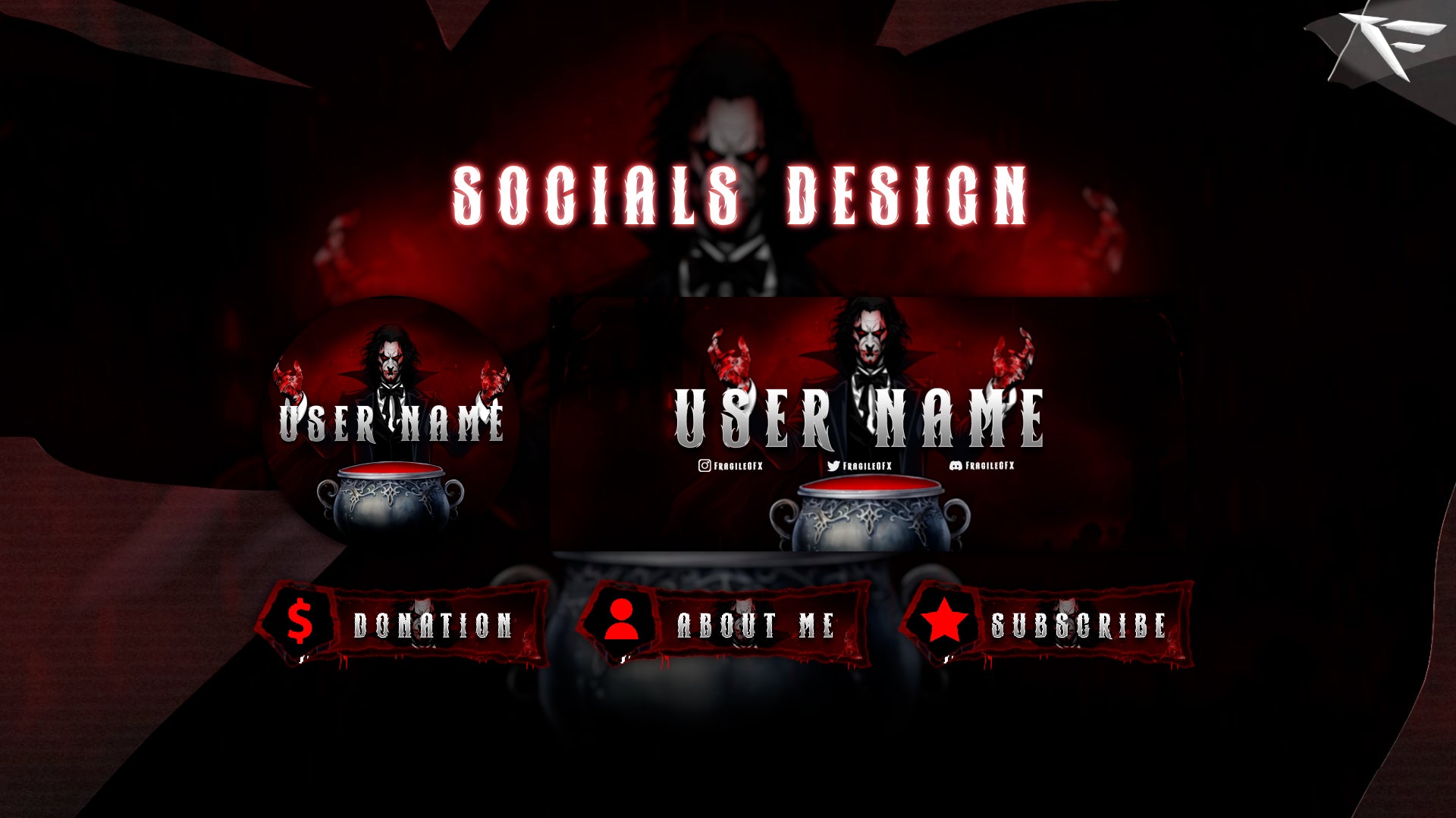 Gothic red and black Twitch panels included in Crimson Vampire overlay set for stream customization