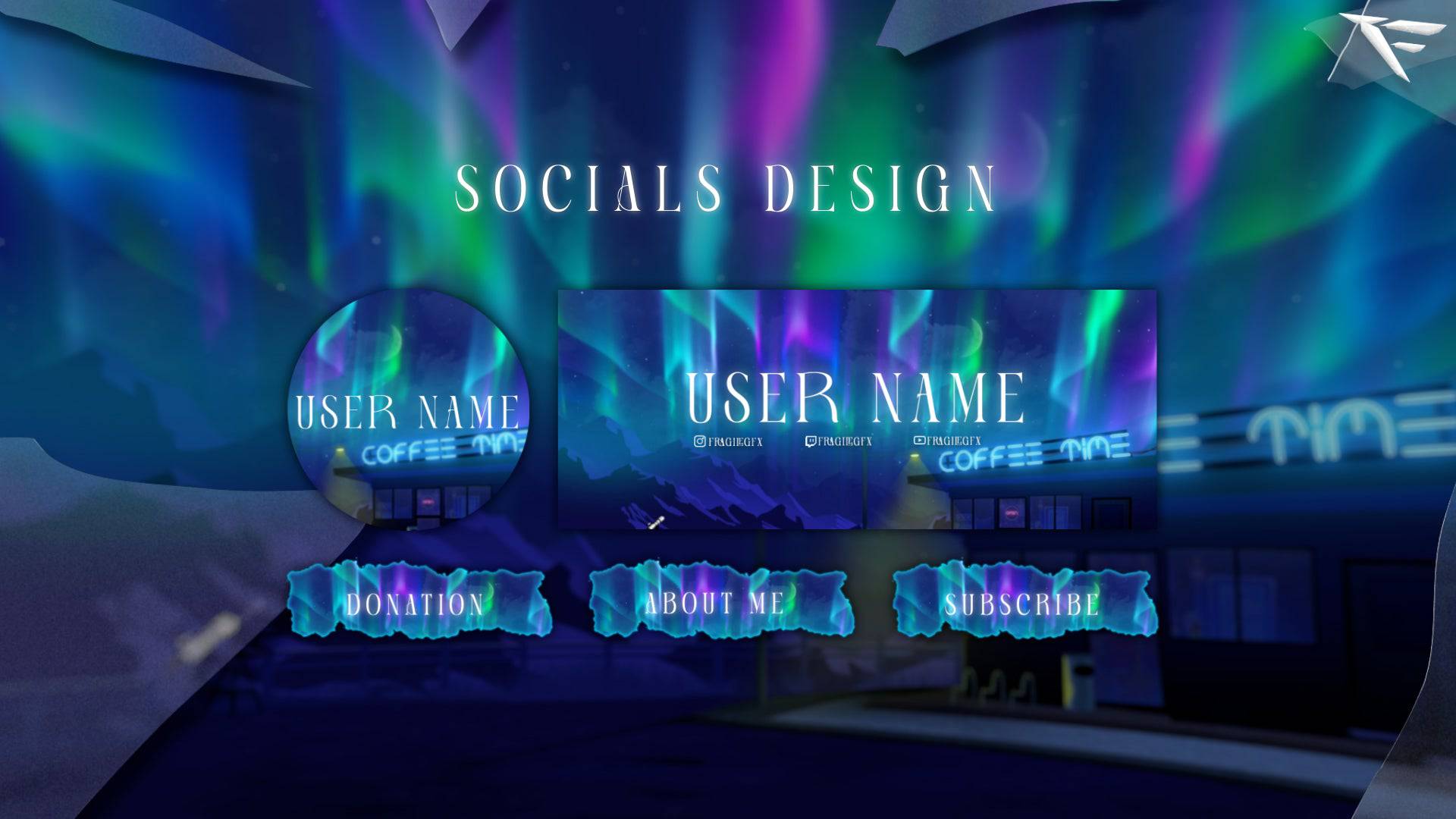 Custom Twitch panels from Aurora Night pack – includes About, Schedule, Donate, Socials, and more. Sleek and modern design for stream branding.