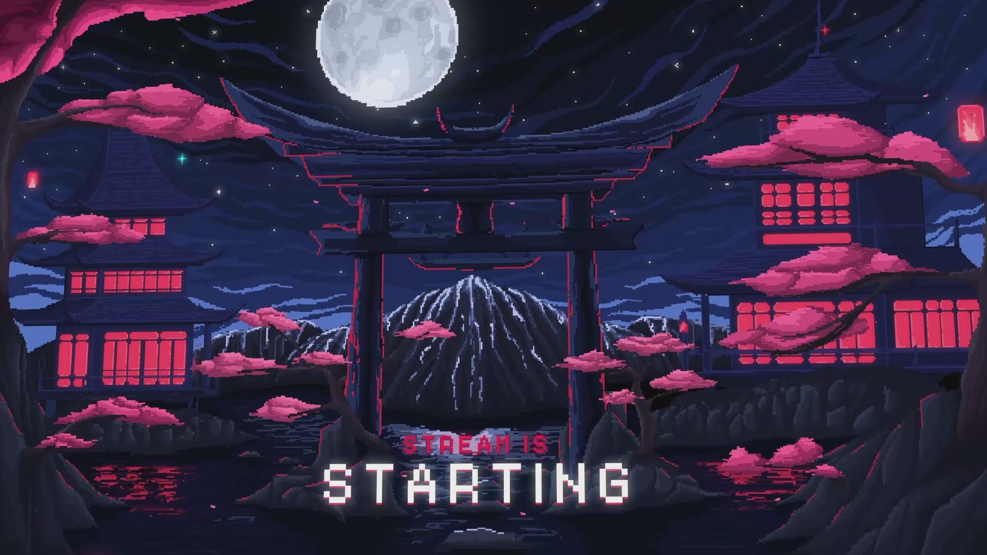 Pixel Japan Twitch Overlay for OBS – animated pixel-art stream screens, webcam frame, and retro Japanese city background