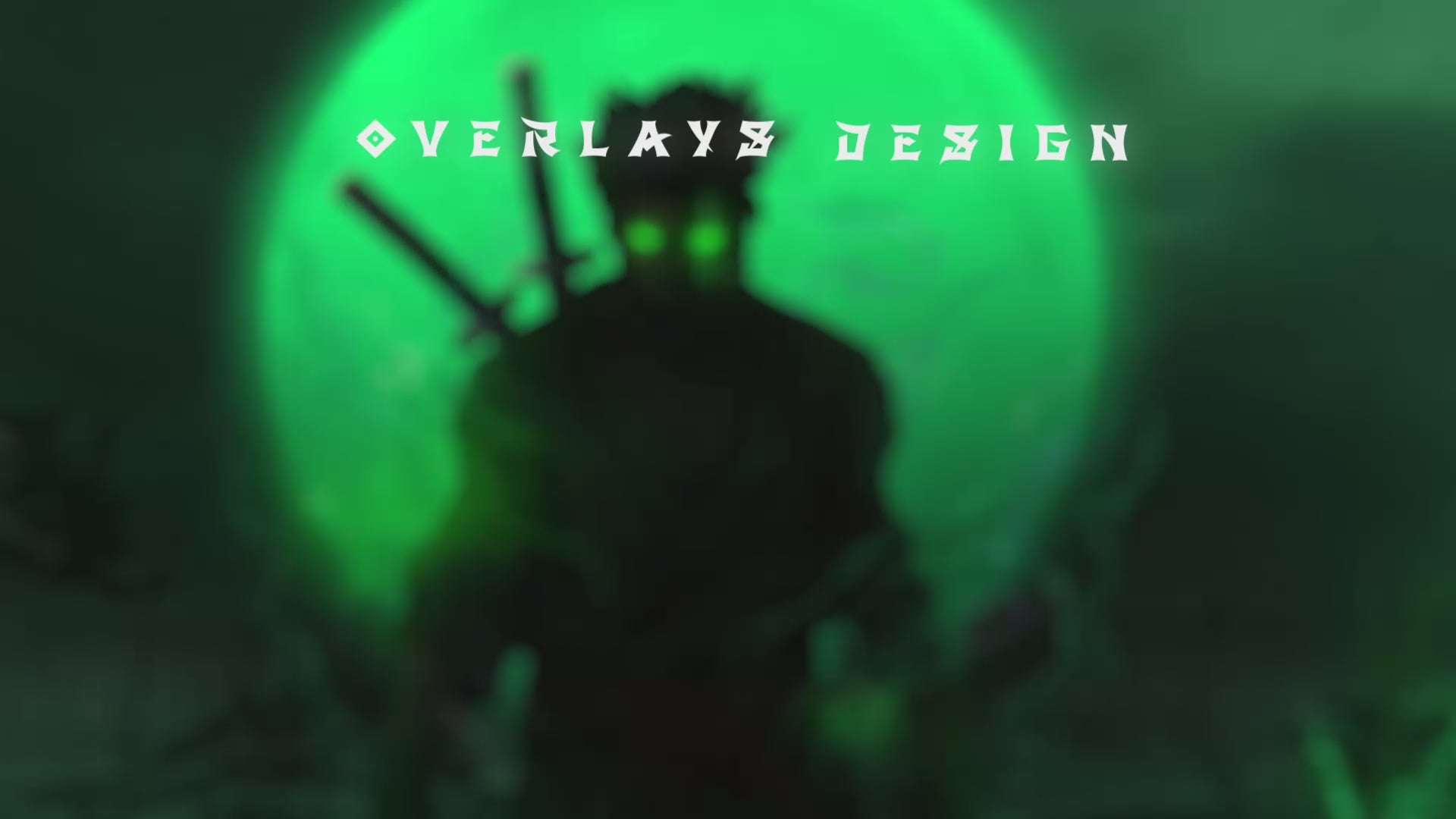 Dark anime Twitch overlay featuring a green glowing swordsman with dual katanas under a full moon – Pirate Hunter stream package inspired by One Piece style