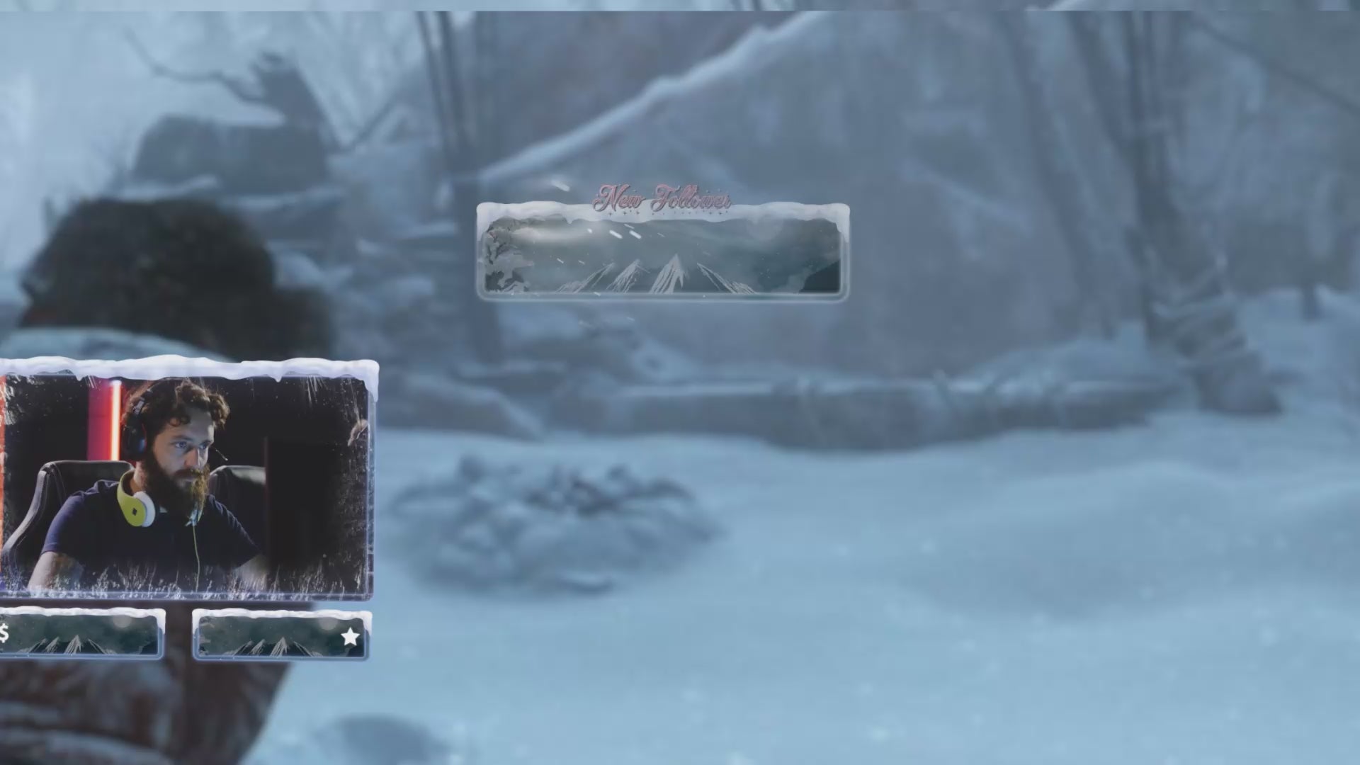 Winter-themed Twitch alerts with subtle snow animations and frosty design, including follower, subscriber, donation, and raid notifications optimized for OBS overlays.