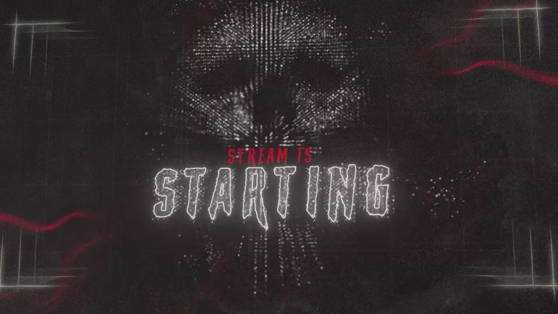 Starting Soon screen from Airborne Twitch Overlay – pixel night sky with animated airborne skull particles